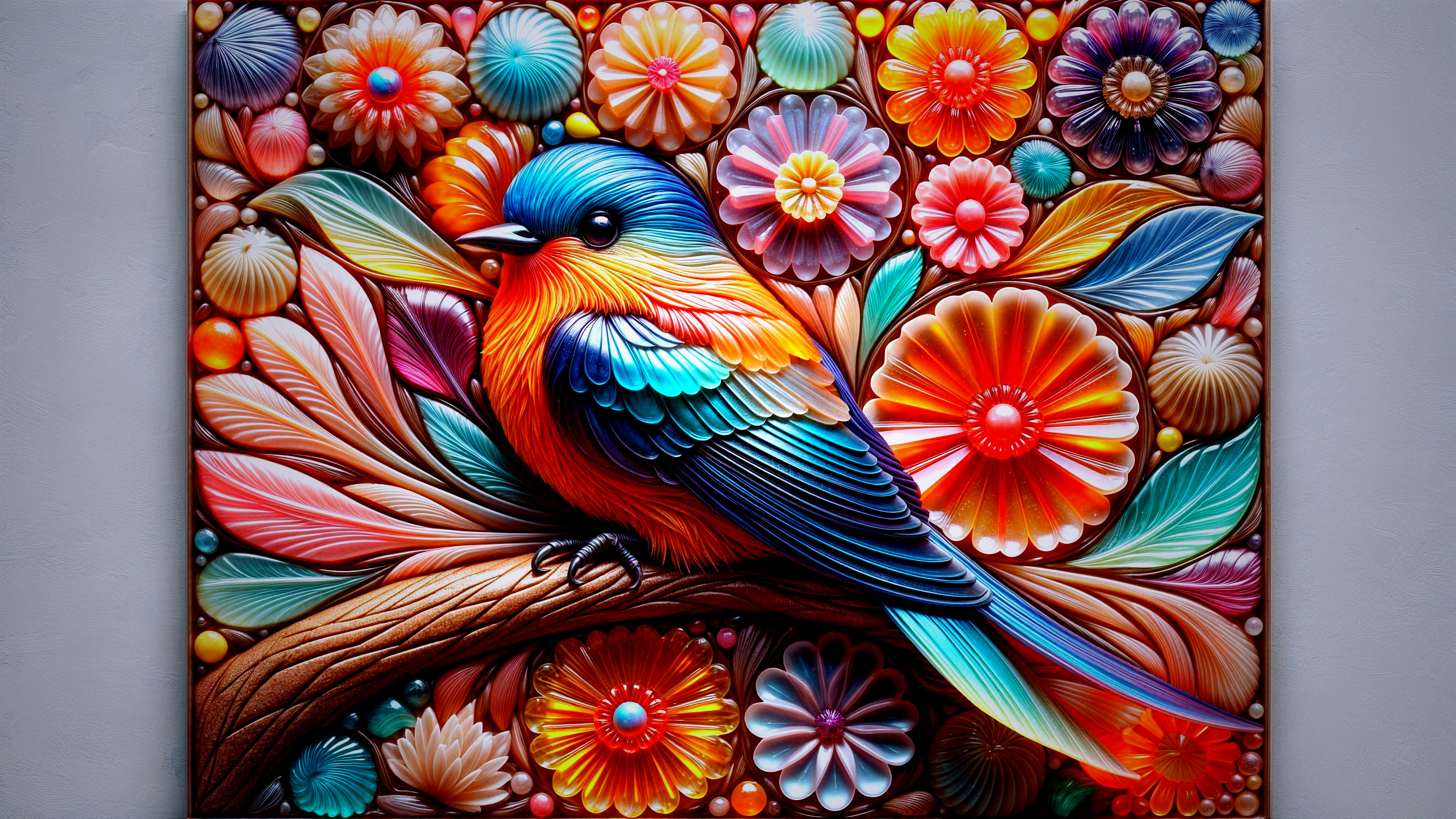 Vibrant Bird on Textured Branch with Colorful Flowers