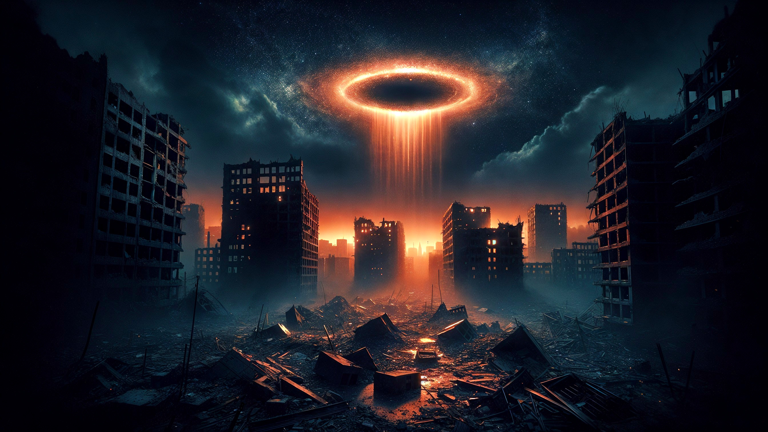 Dystopian Landscape with Crumbling Buildings and Vortex