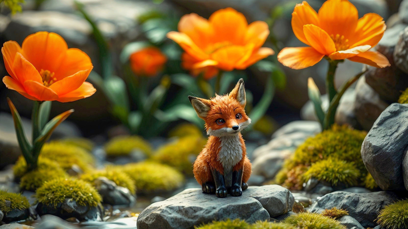 Fox Figurine Surrounded by Flowers and Moss