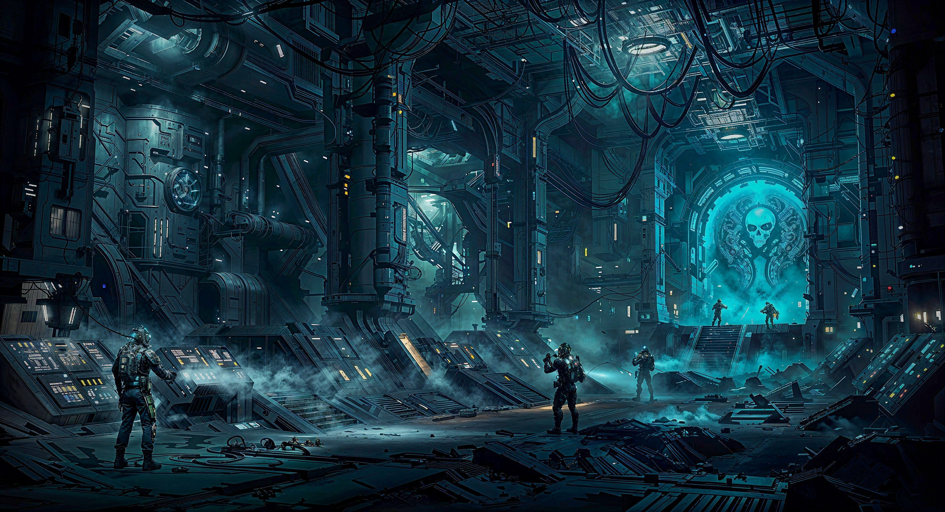 Futuristic Industrial Setting with Armored Figures and Mural