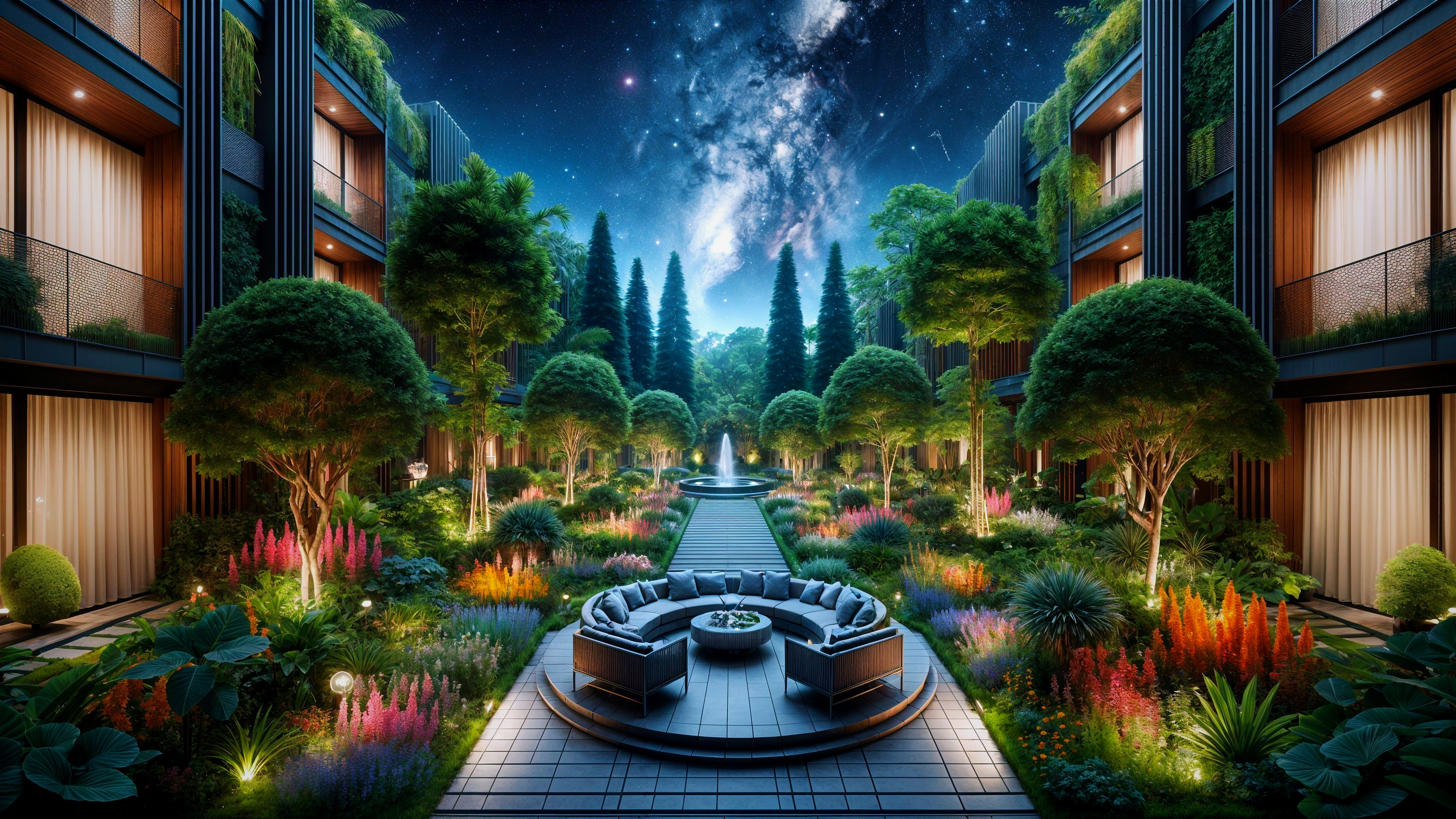 Serene Garden Oasis with Modern Architecture and Fountain