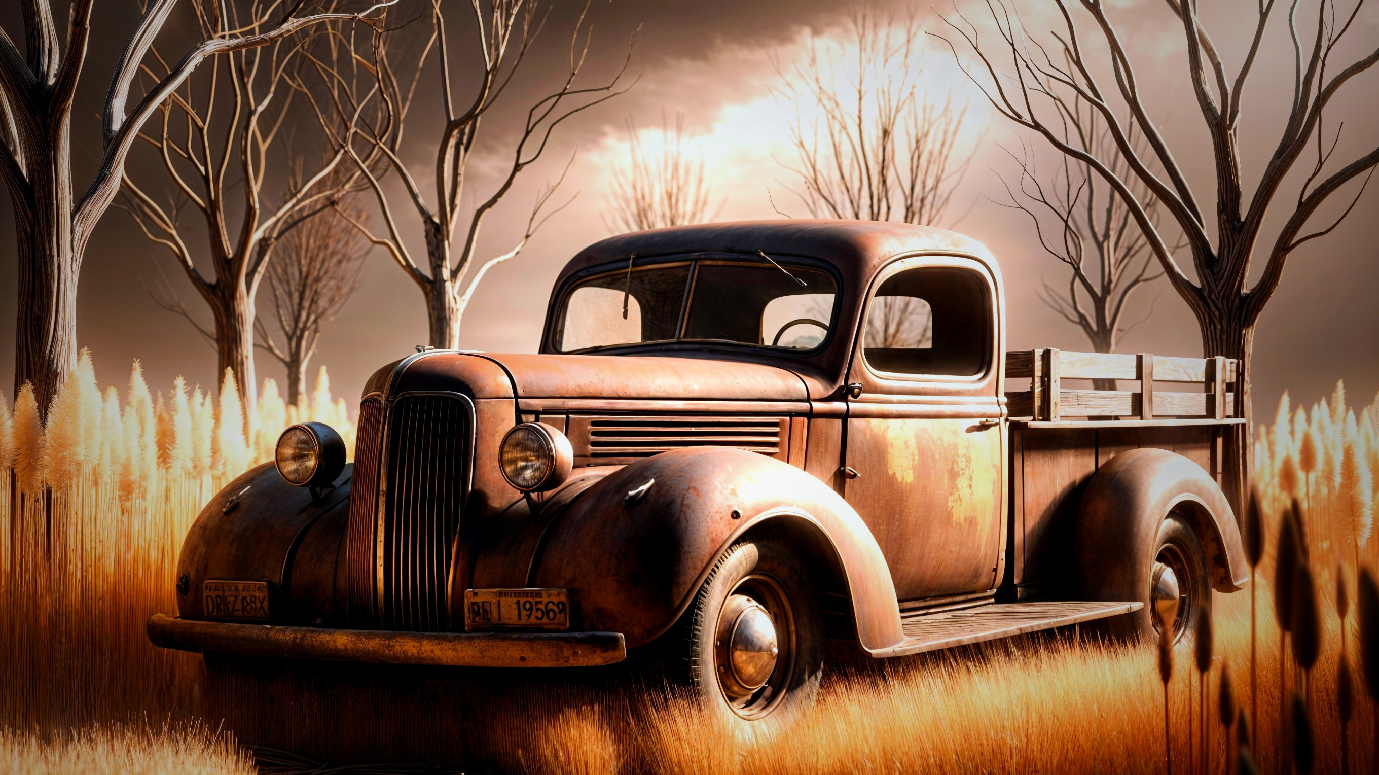 Vintage Rusted Pickup Truck in Barren Landscape