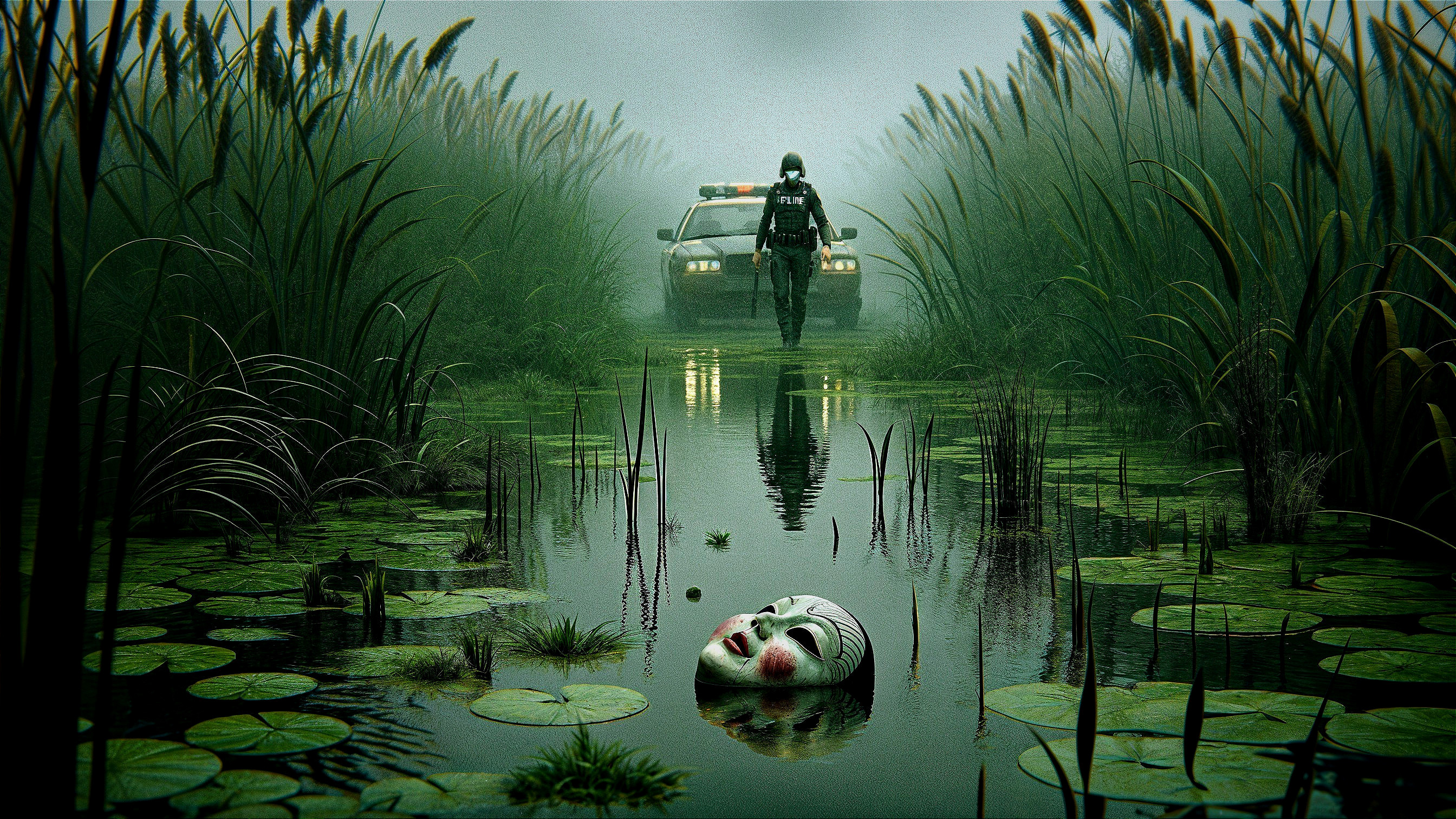 Tactical Figure Approaches Police Car in Foggy Marsh