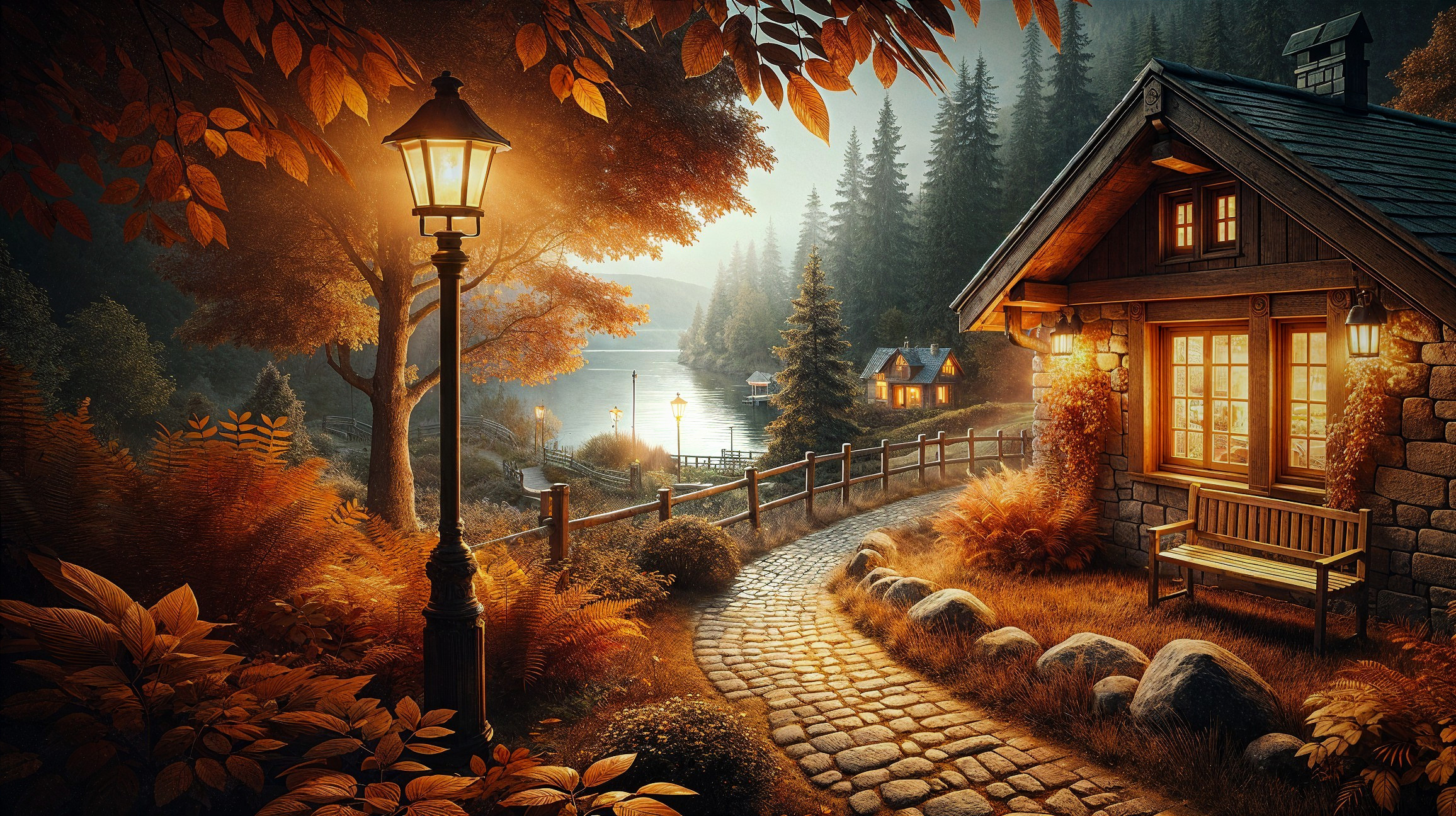 Autumn Landscape with Stone Cottage and Tranquil Lake