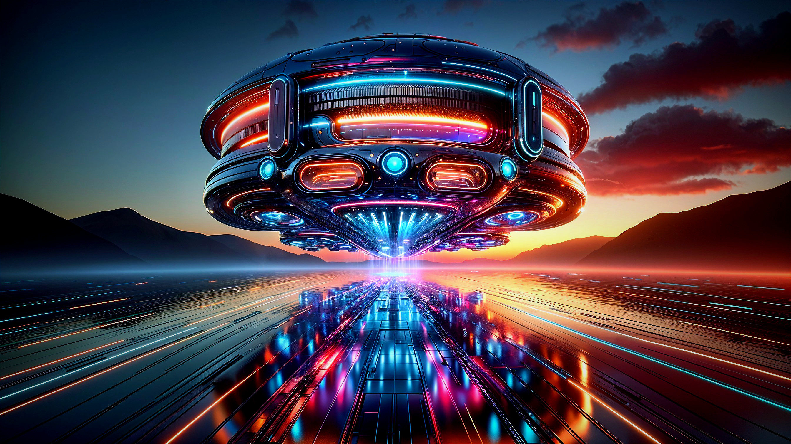 Futuristic UFO Over Reflective Landscape at Sunset