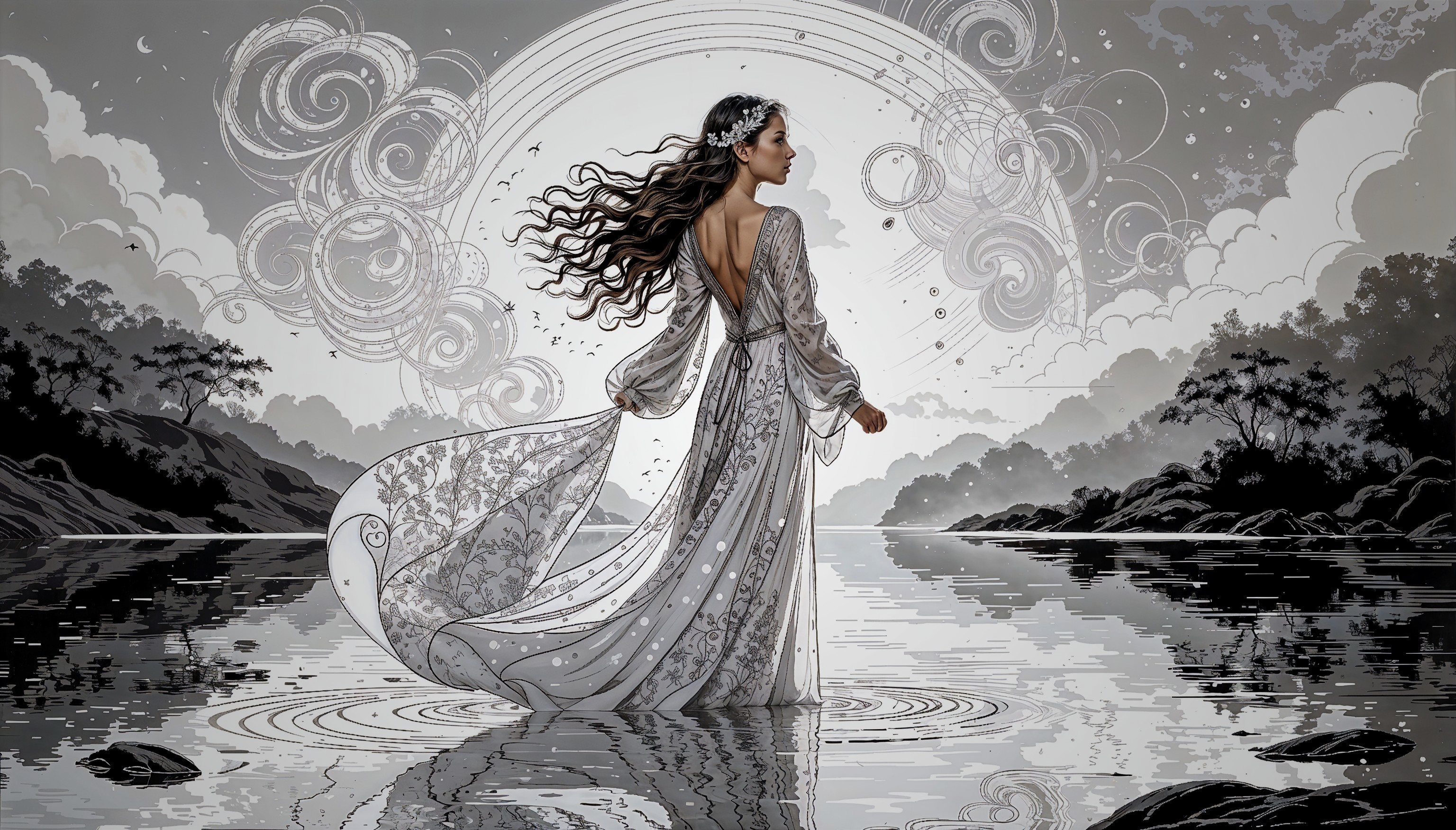 Serene Woman in Flowing Gown by Tranquil Water