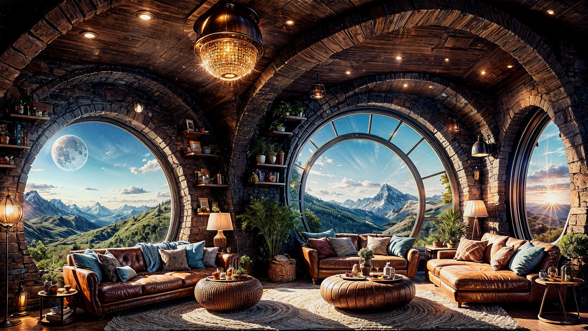 Cozy Rustic Lounge with Mountain View and Warm Decor