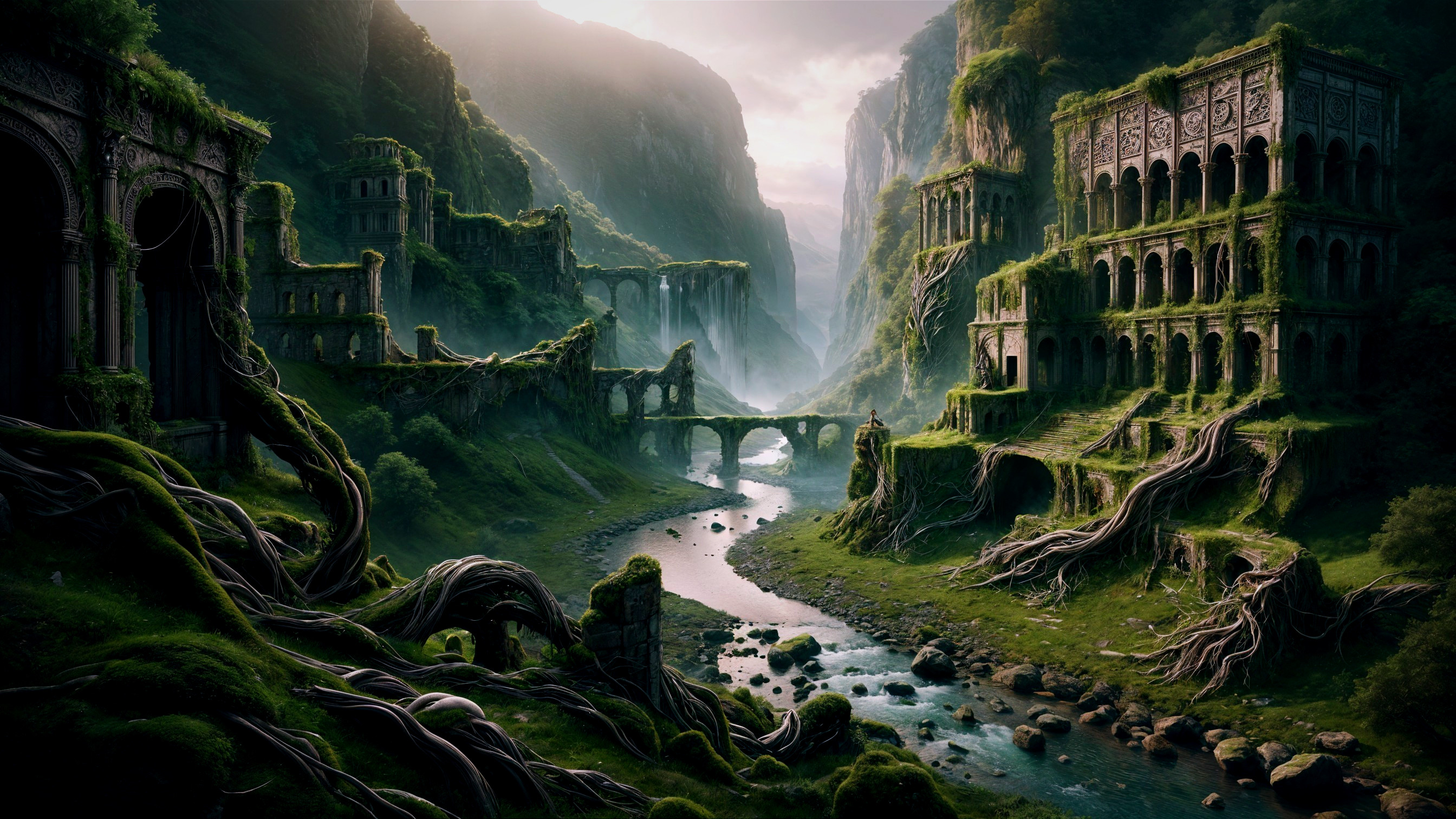 Mystical Landscape with Ancient Ruins and Lush Greenery