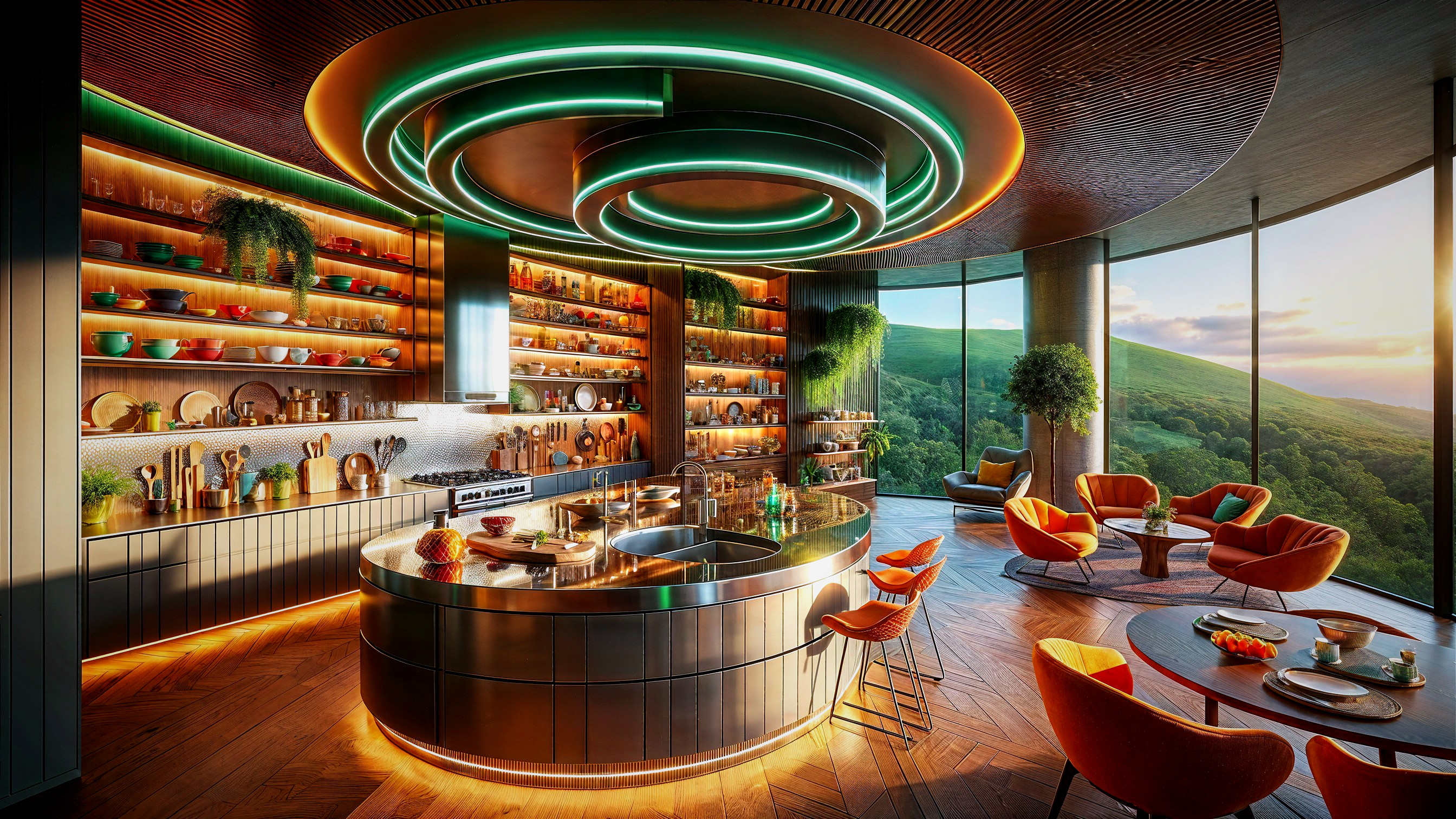 Modern Kitchen with Curved Cabinets and LED Lighting