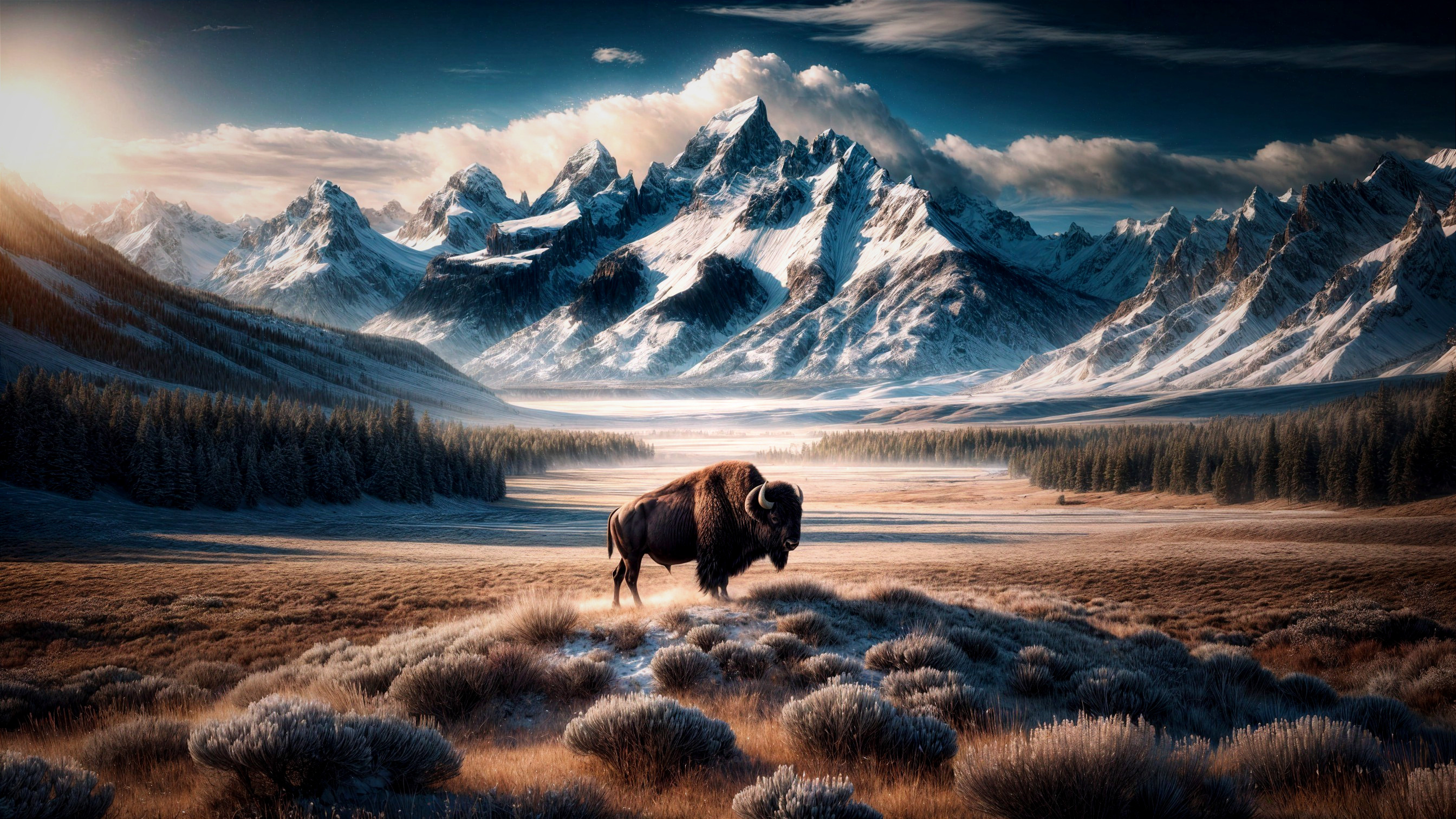 Bison in Golden Grassland with Snow-Capped Mountains