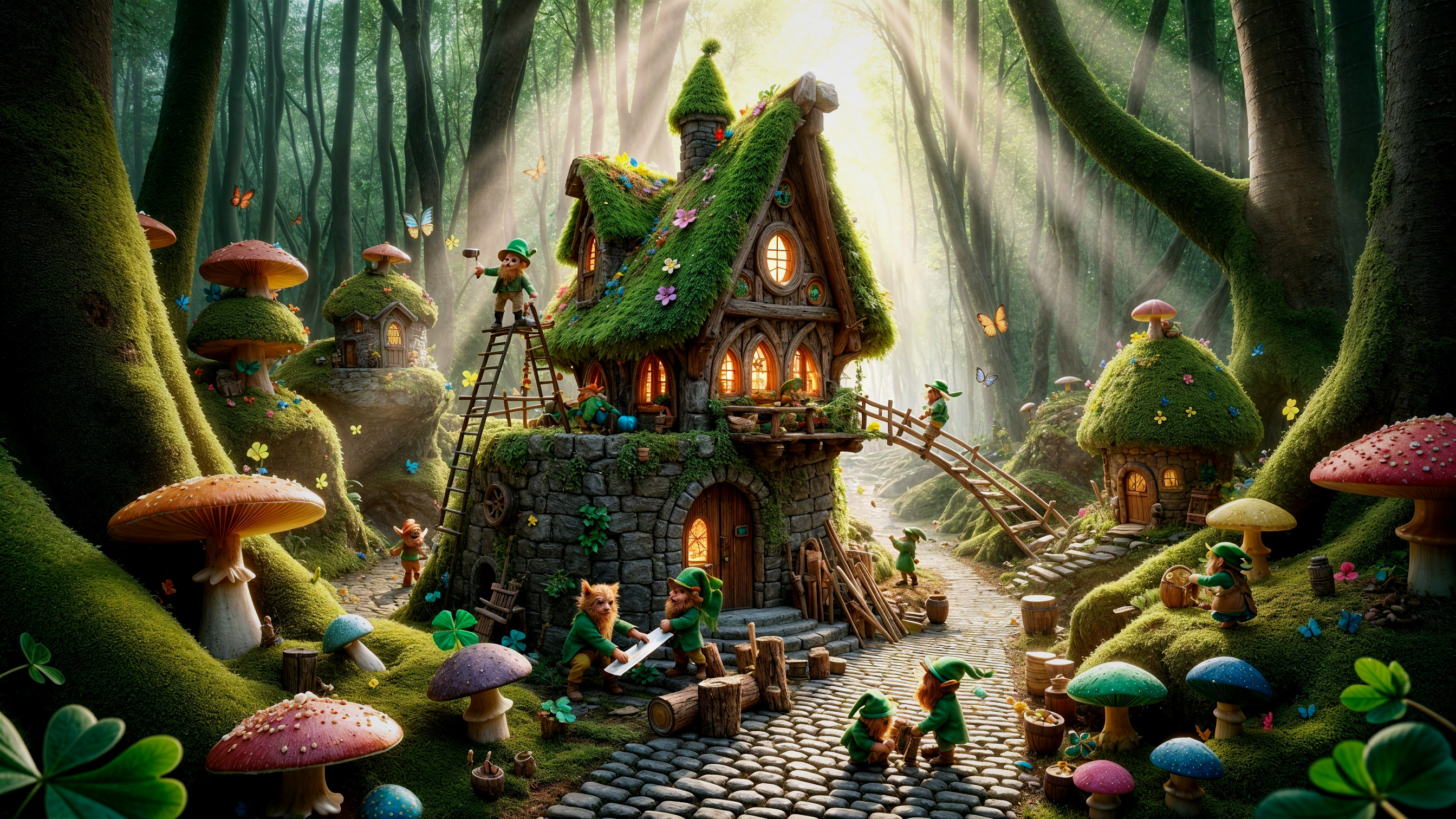 Whimsical Forest Scene with Charming Cottage and Creatures