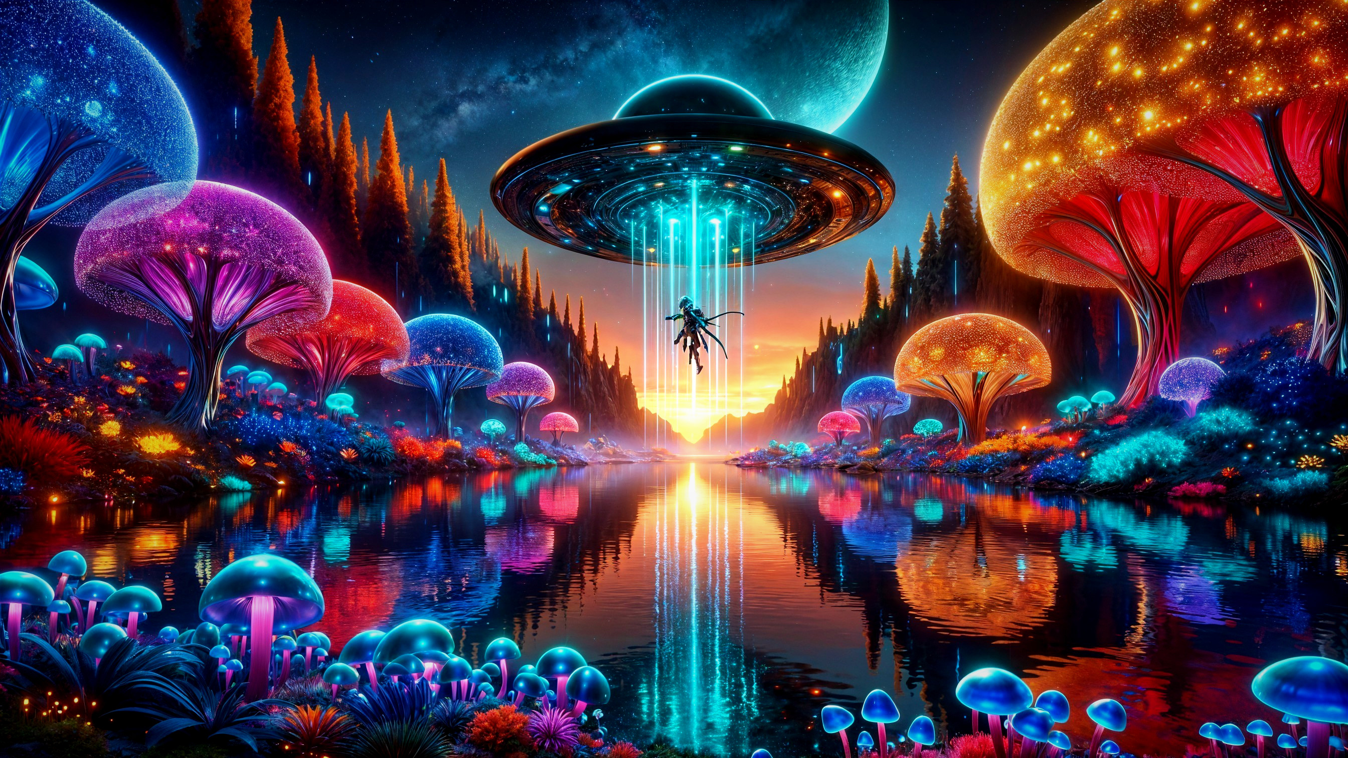 Alien Landscape with Glowing Mushrooms and UFO