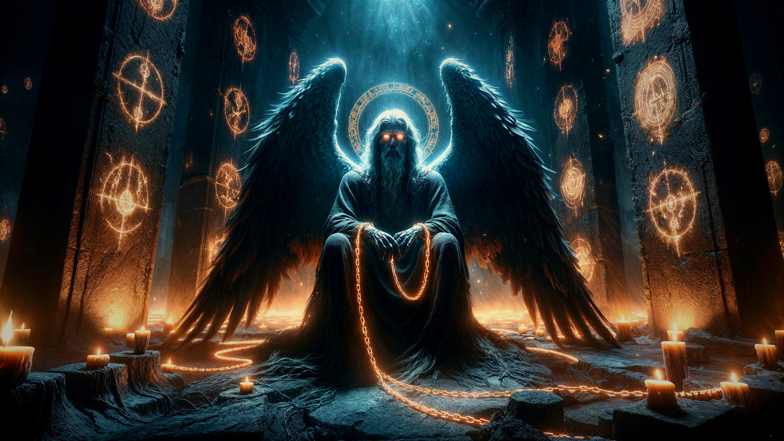 Majestic figure with dark wings in a mystical chamber
