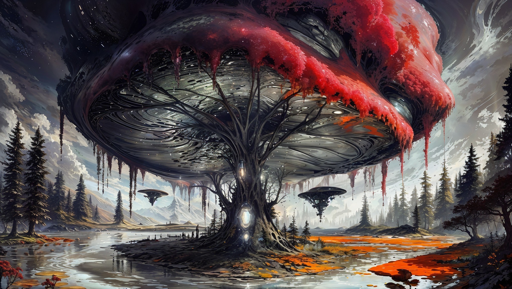 Surreal Landscape with Colossal Mushroom Structure
