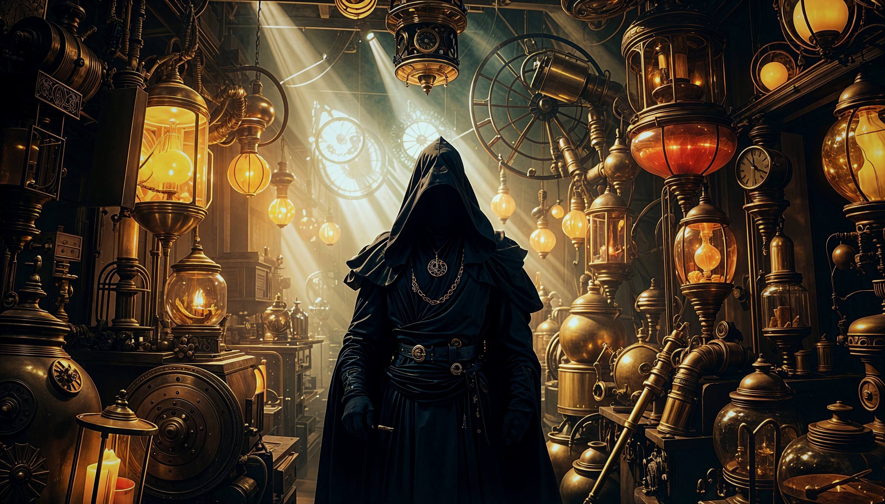 Cloaked Figure in Steampunk Workshop with Machinery