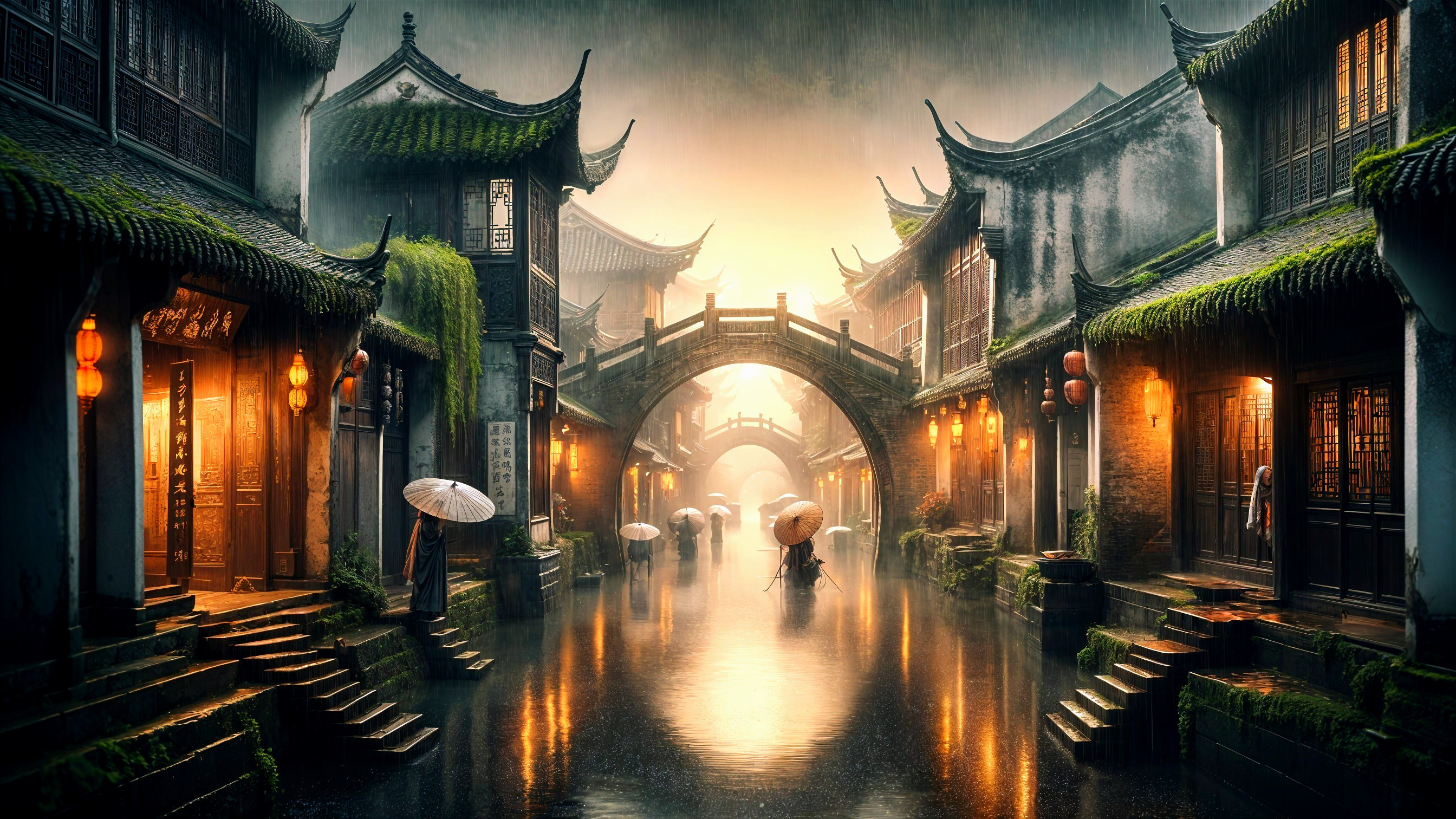 Ancient Town at Twilight with Lanterns and Bridge