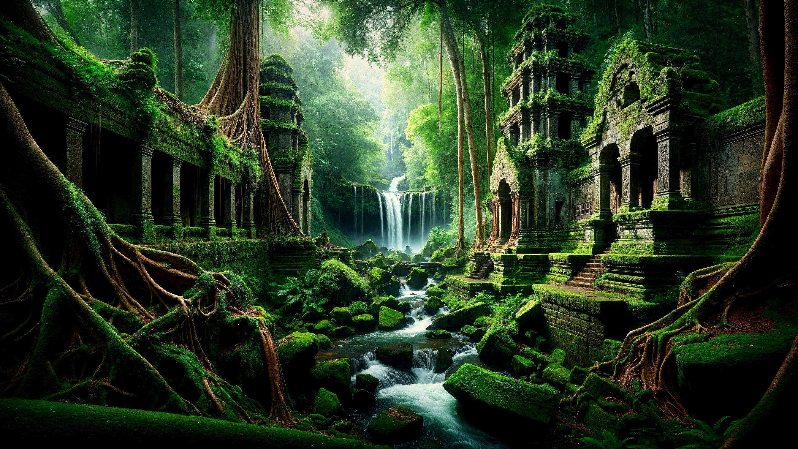 Lush Jungle Scene with Ancient Stone Ruins and Waterfall