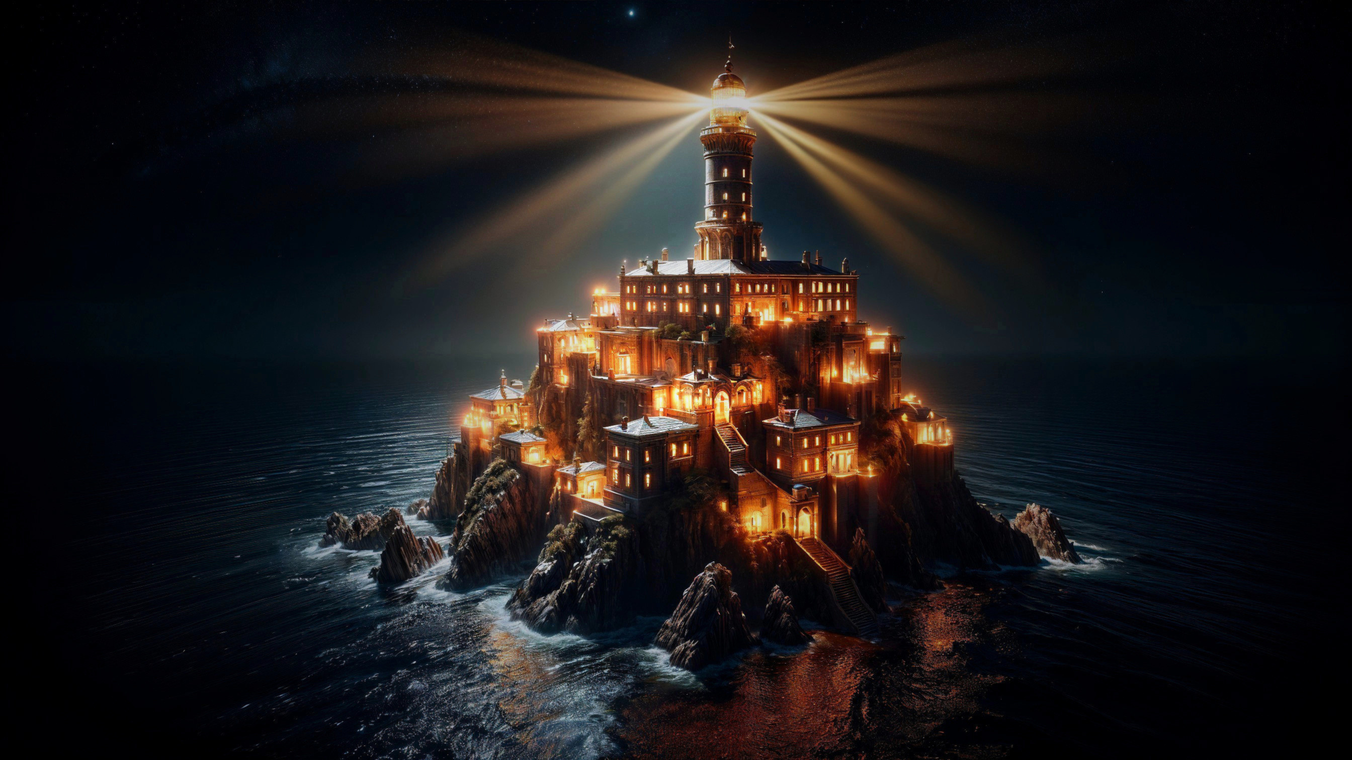 Lighthouse on Rocky Island Illuminated at Night