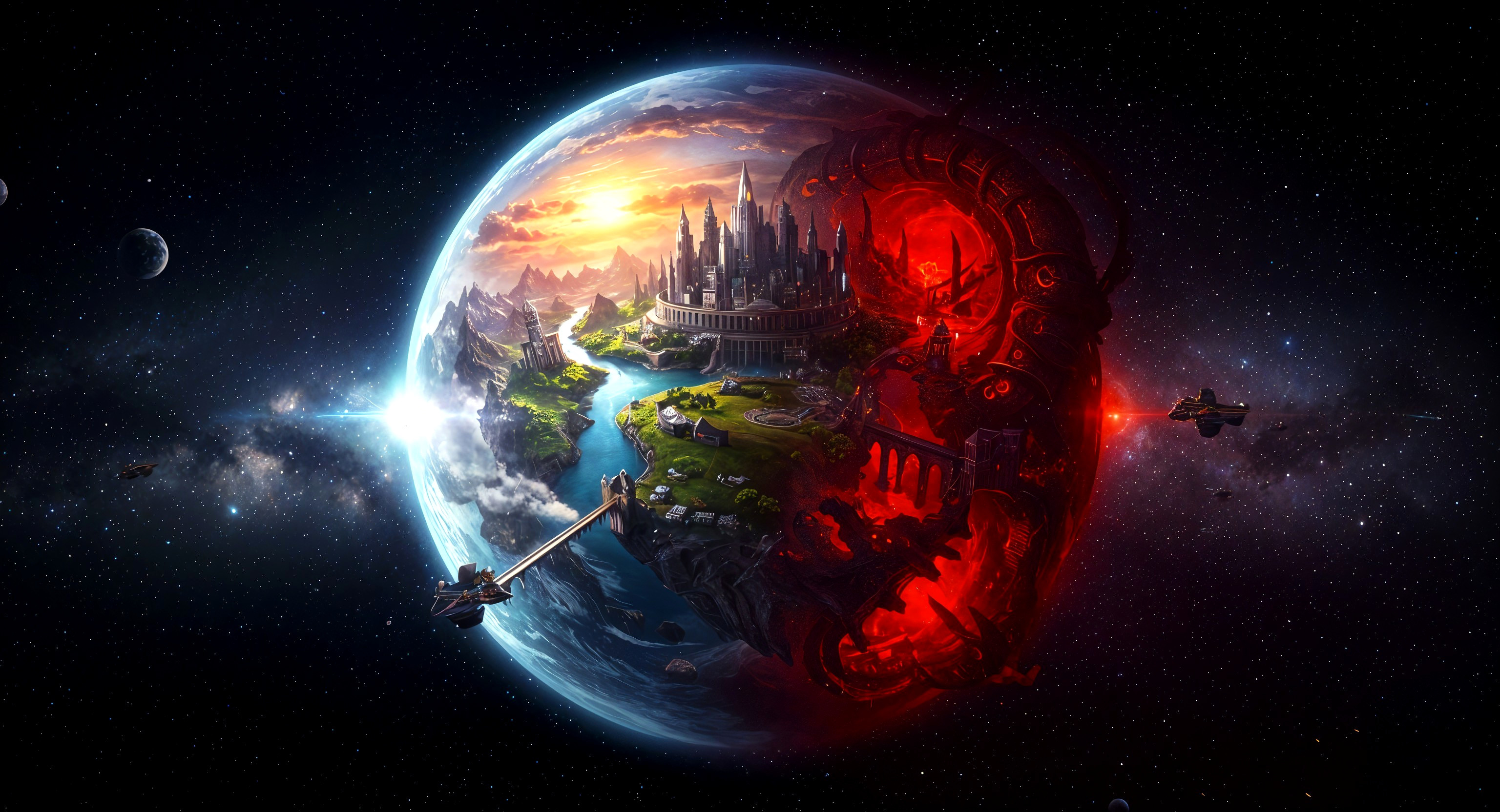 Divided Planet Scene of Light and Darkness