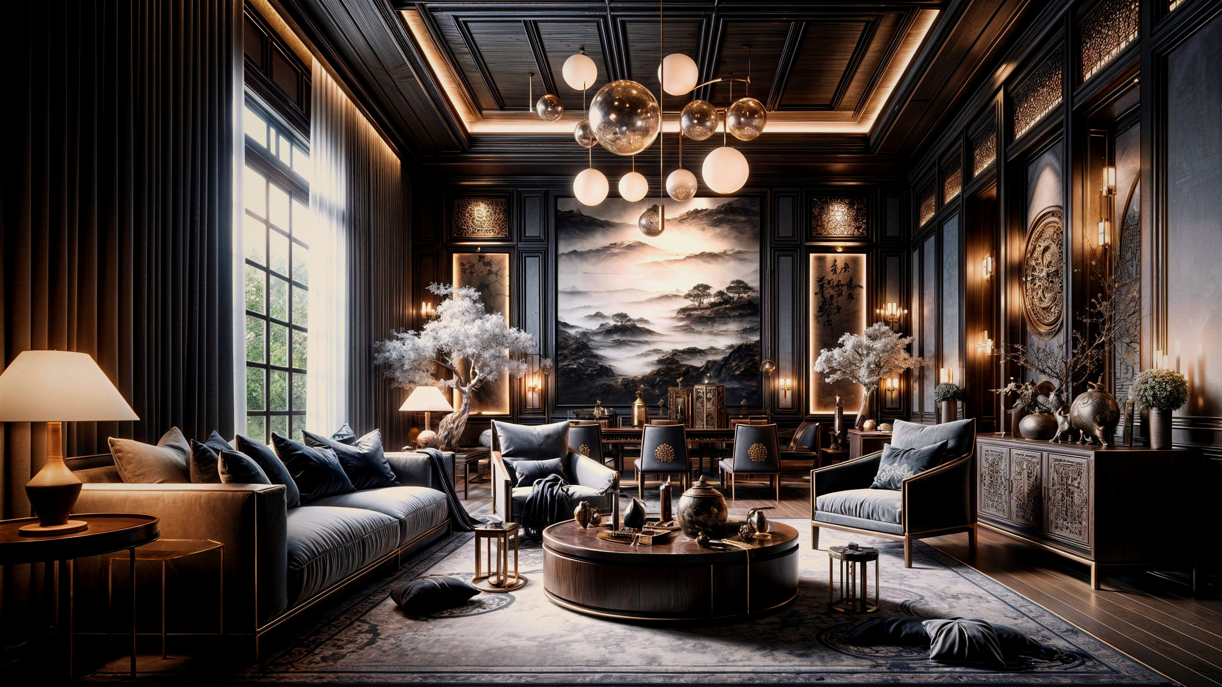 Elegant Modern Living Room with Wooden Paneling and Decor