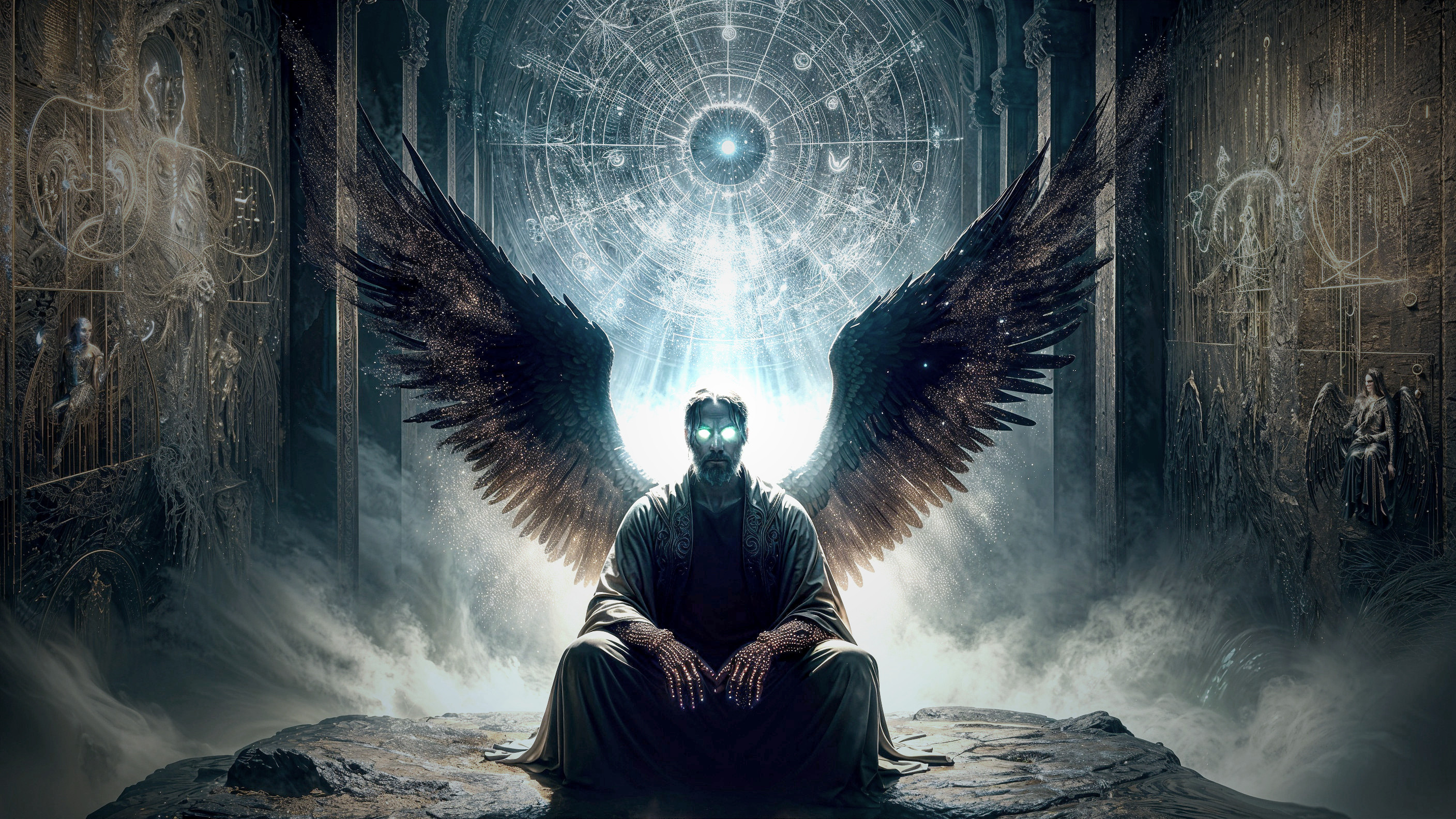 Mystical Being with Dark Wings in Meditative Pose
