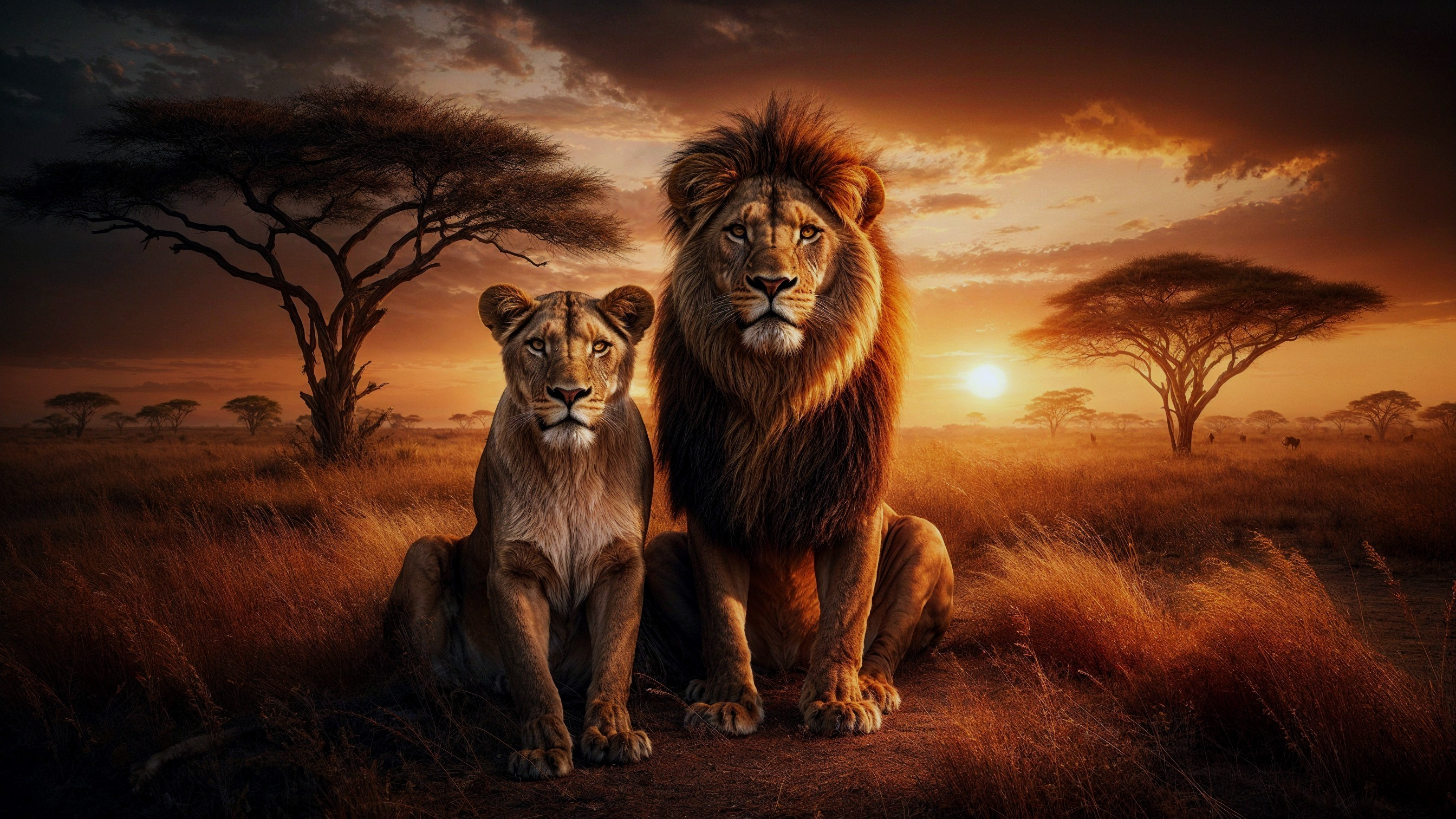 Lion and Lioness at Sunset in Savannah Landscape