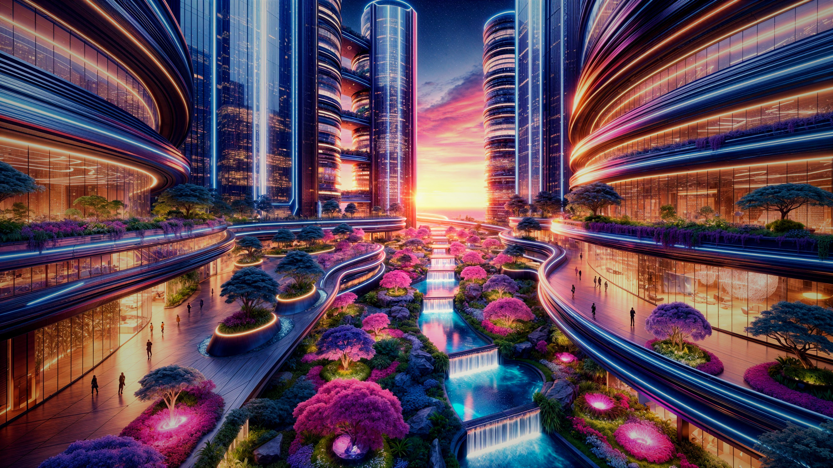 Futuristic Cityscape with Glass Skyscrapers and Greenery