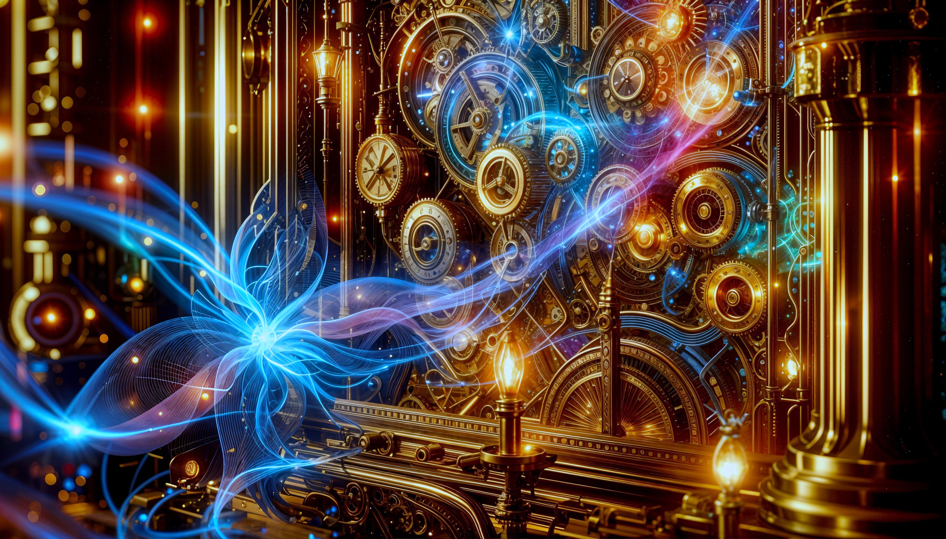 Intricate Steampunk Design with Gears and Energy Wisps