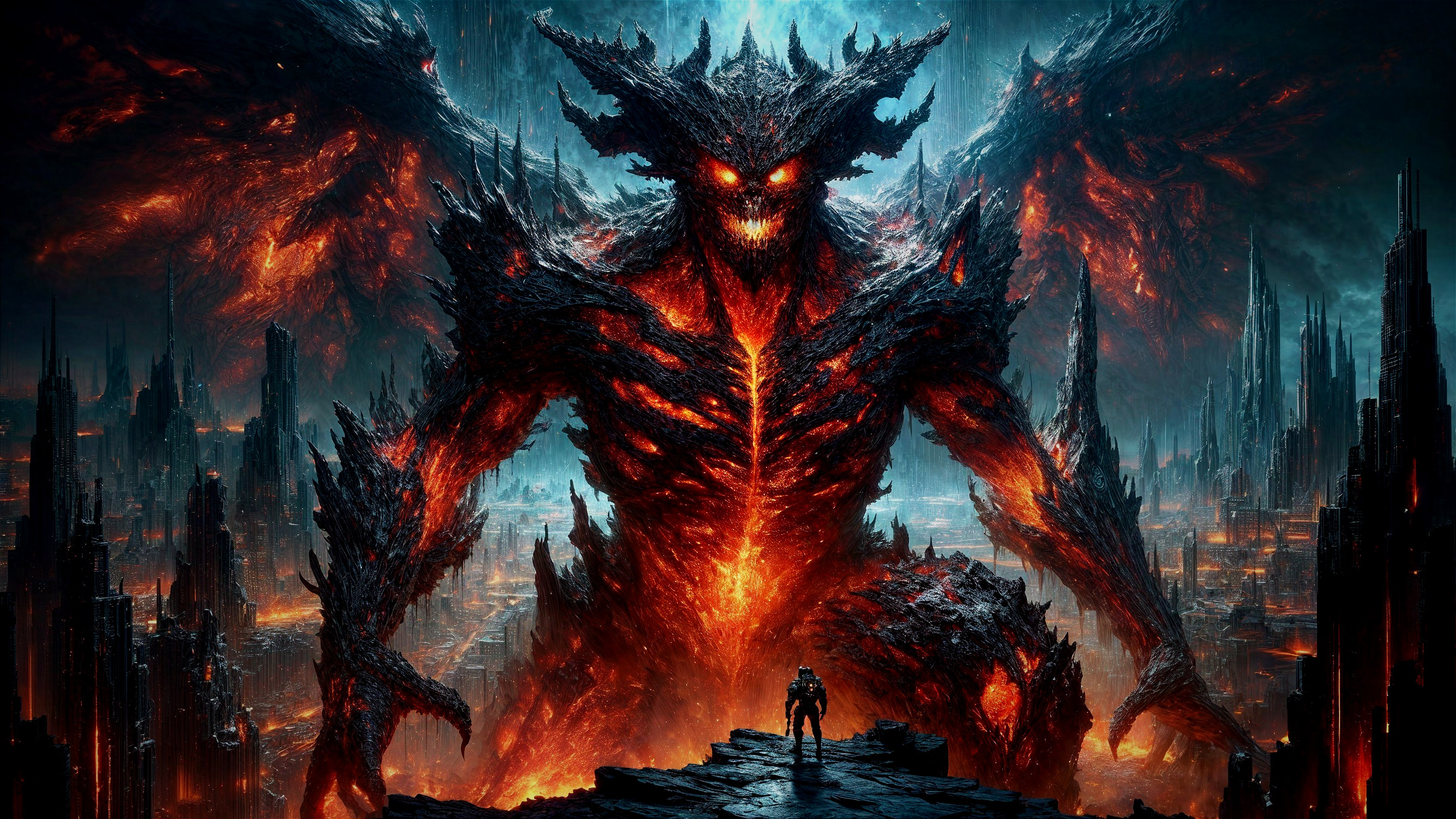 Colossal demon in fiery apocalyptic landscape