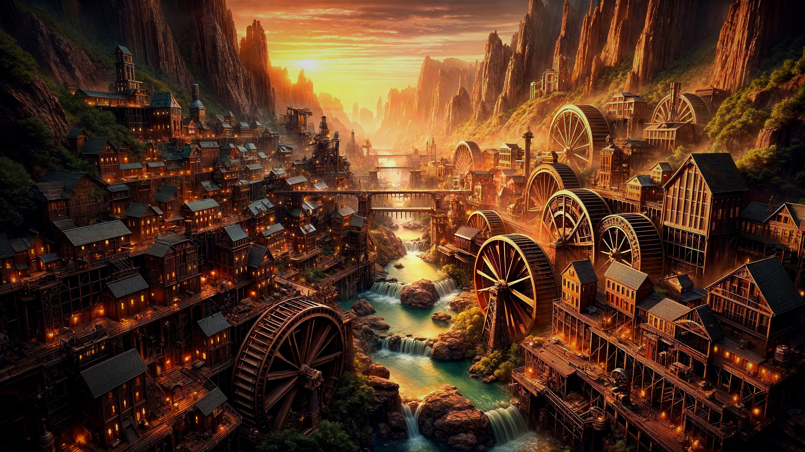 Steampunk City Between Mountains with Waterwheels