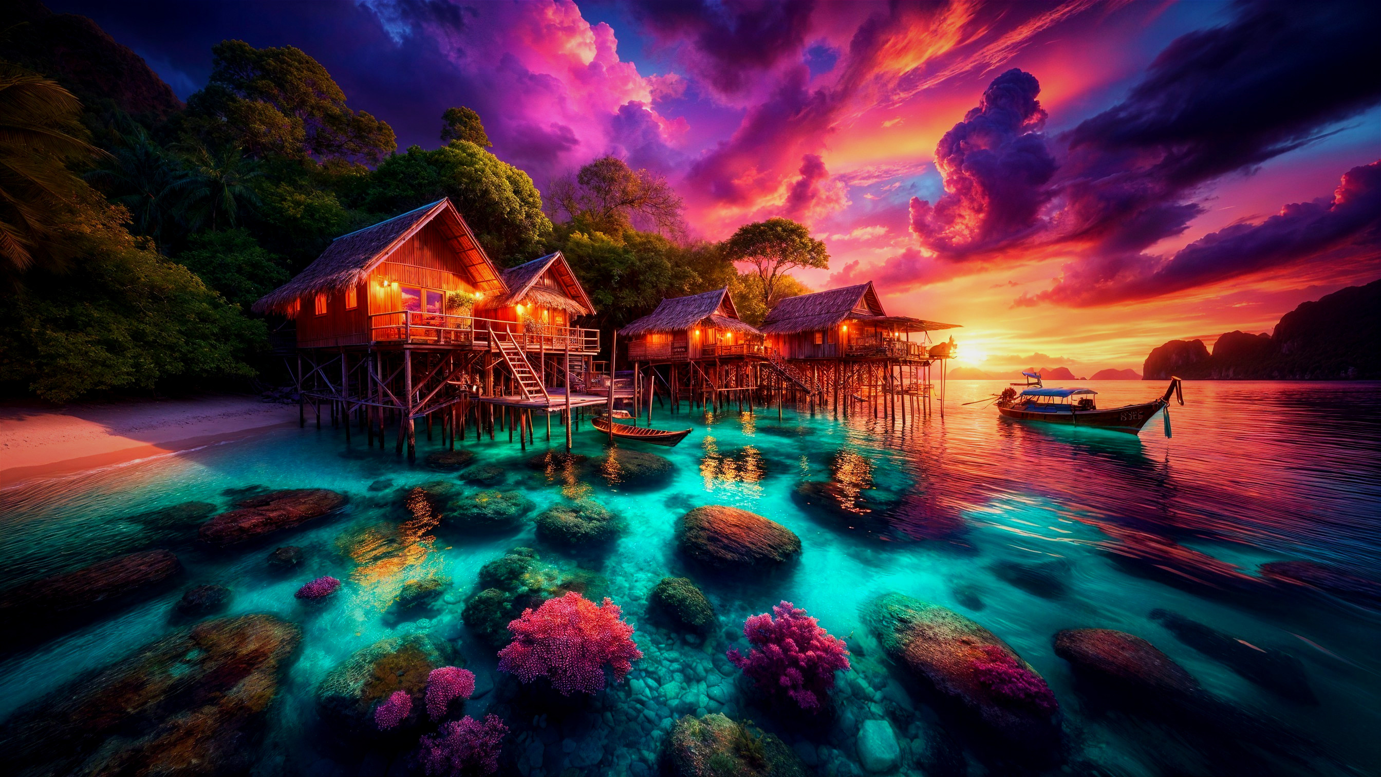 Tropical Sunset with Stilt Houses and Tranquil Waters