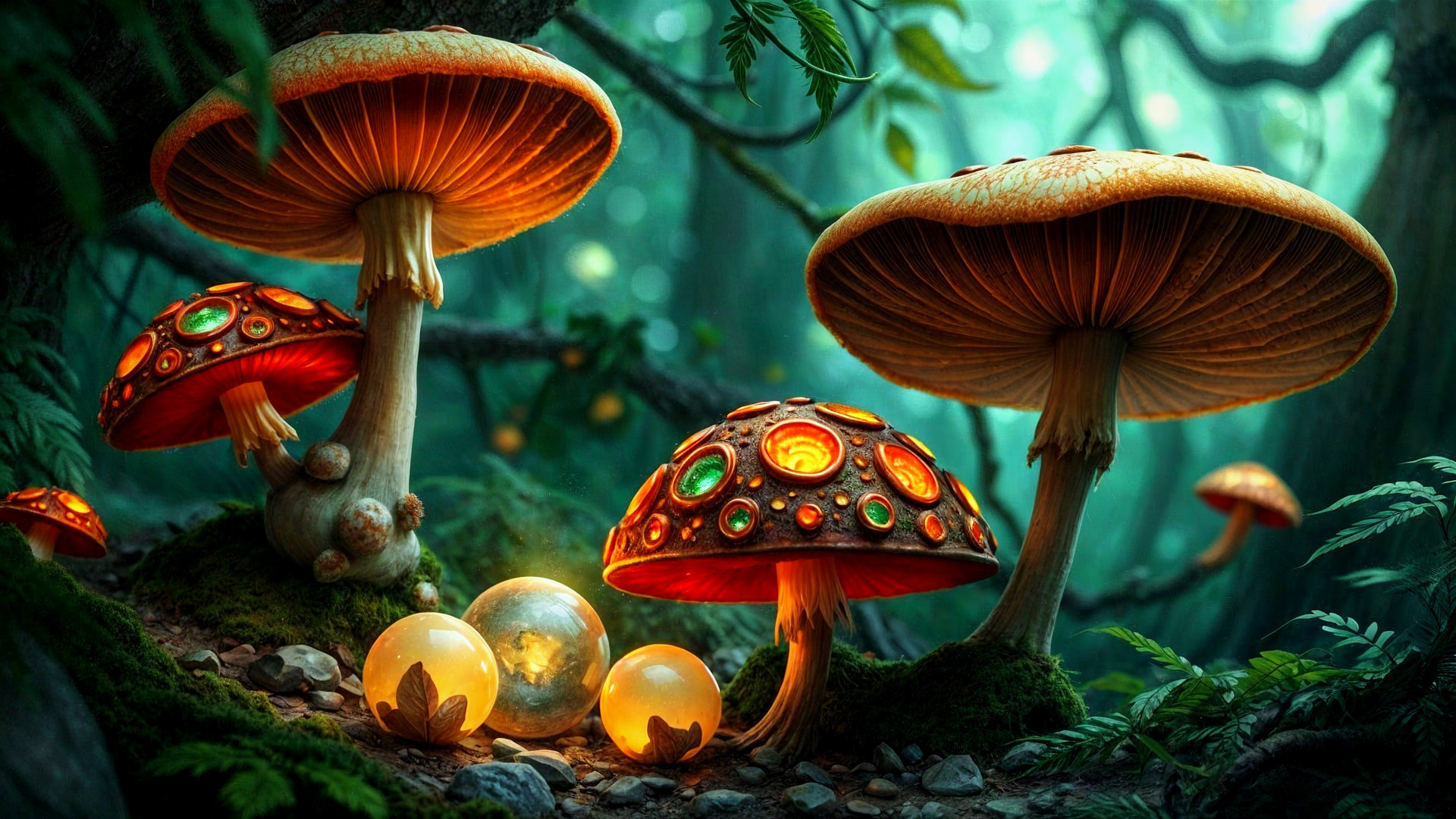 Mystical Forest with Luminescent Mushrooms and Orbs