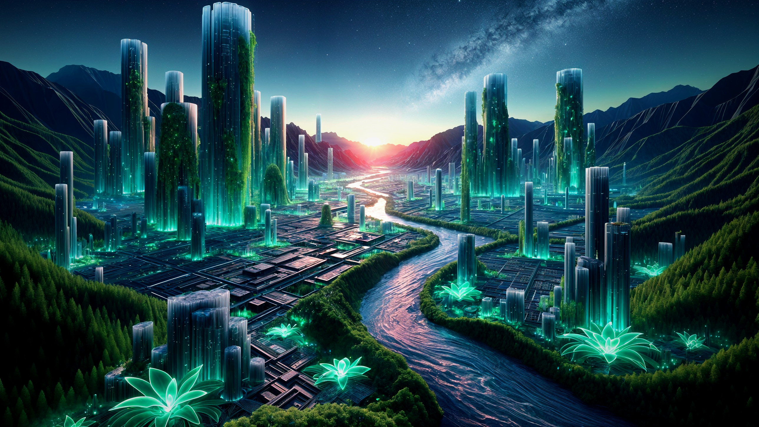 Futuristic Cityscape Surrounded by Lush Mountains