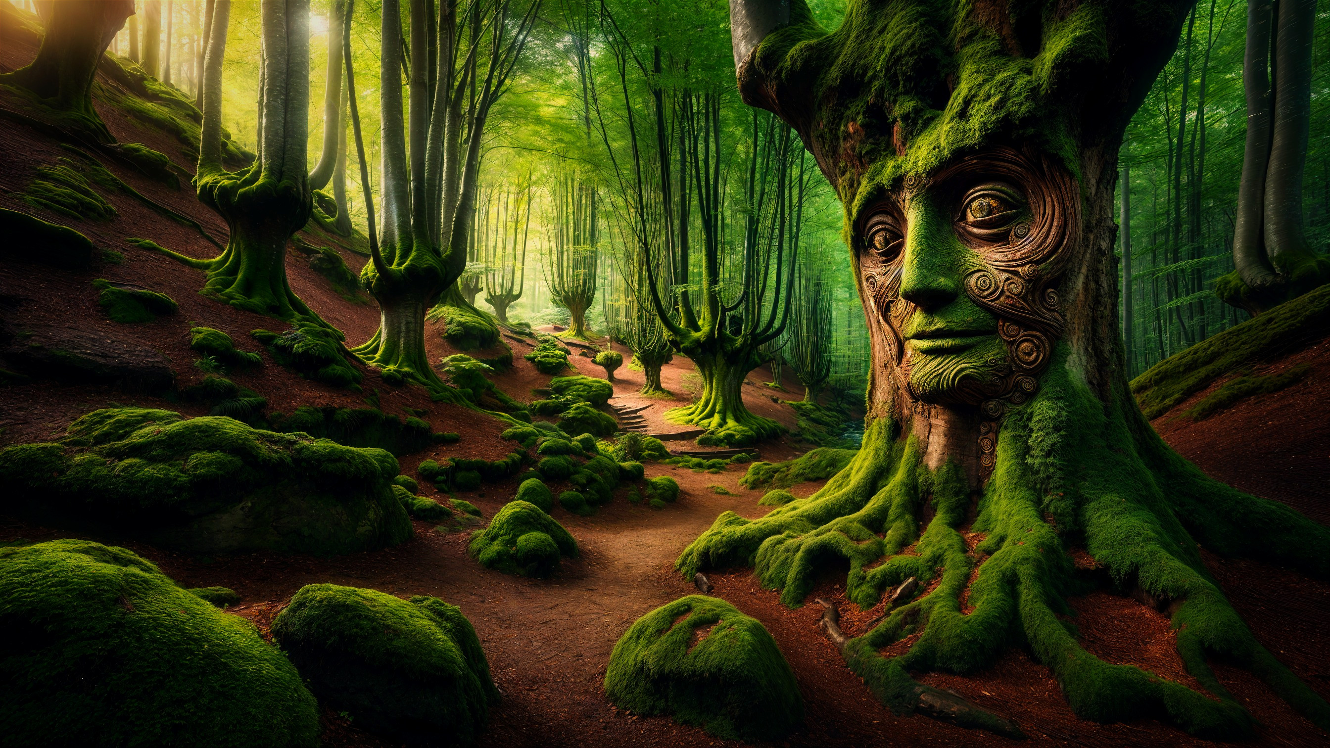 Mystical Forest with Carved Trees and Ethereal Glow