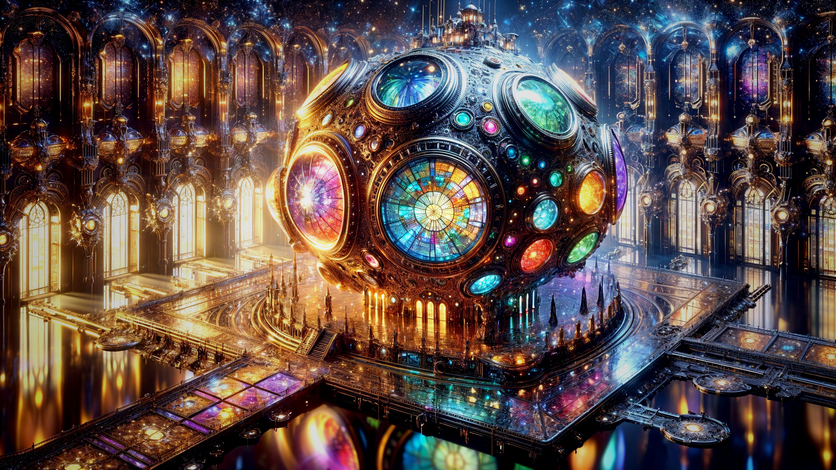 Futuristic structure in opulent hall with stained glass