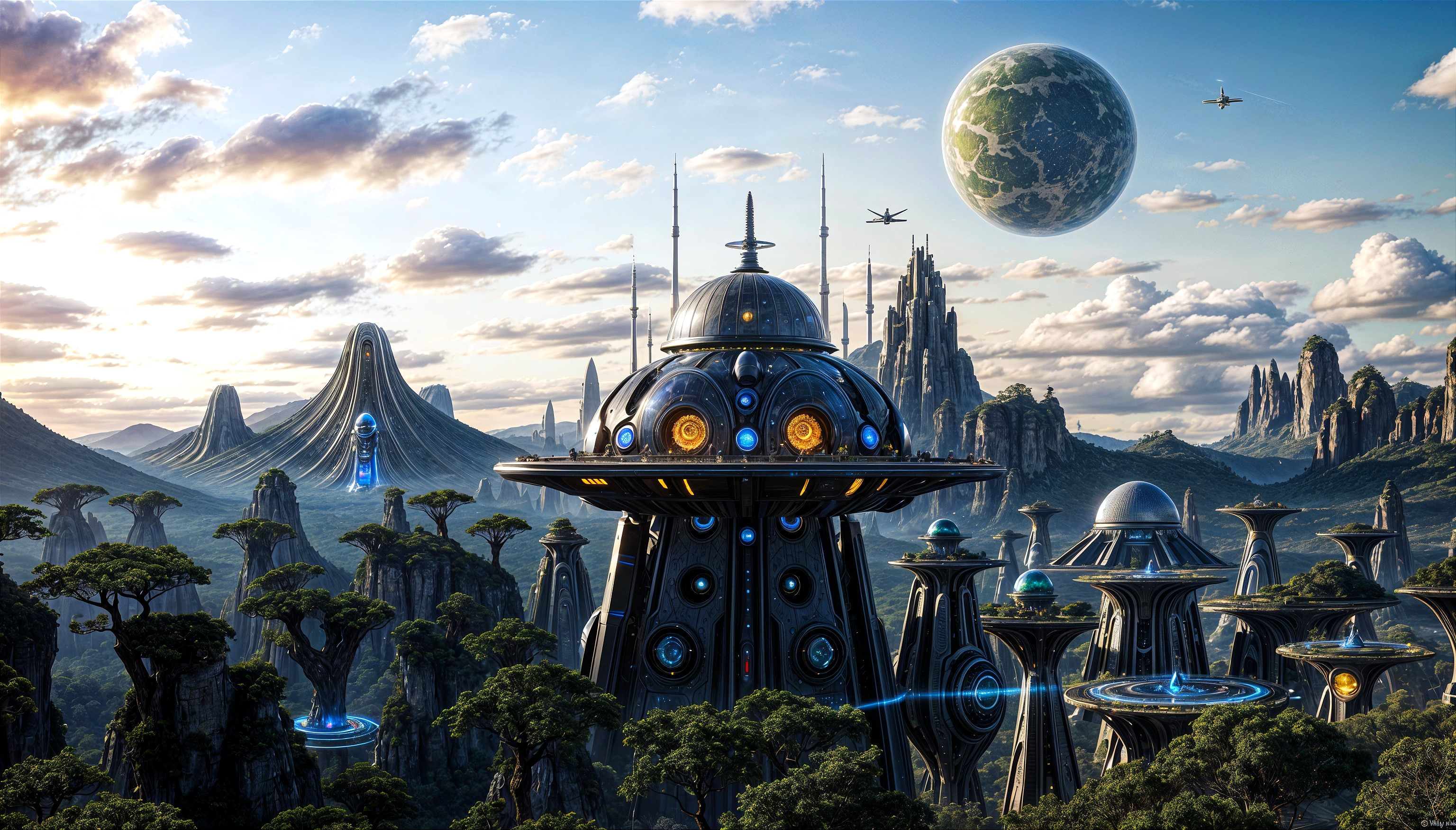 Futuristic Landscape with Sleek Structures and Spaceships