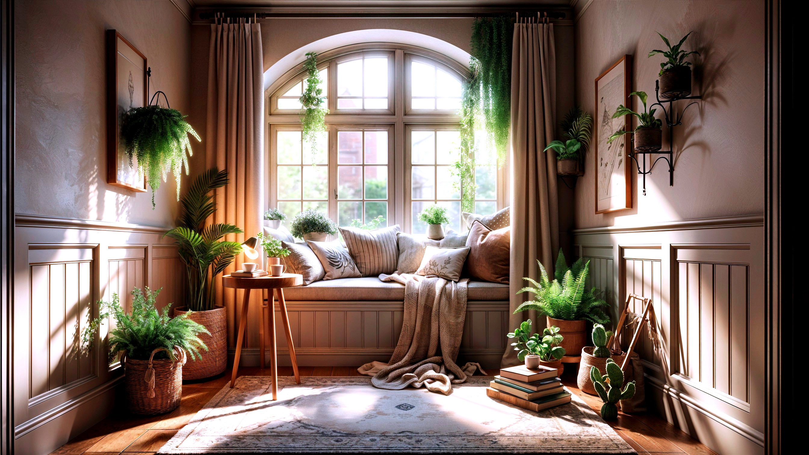 Cozy Nook with Arched Window and Lush Plants