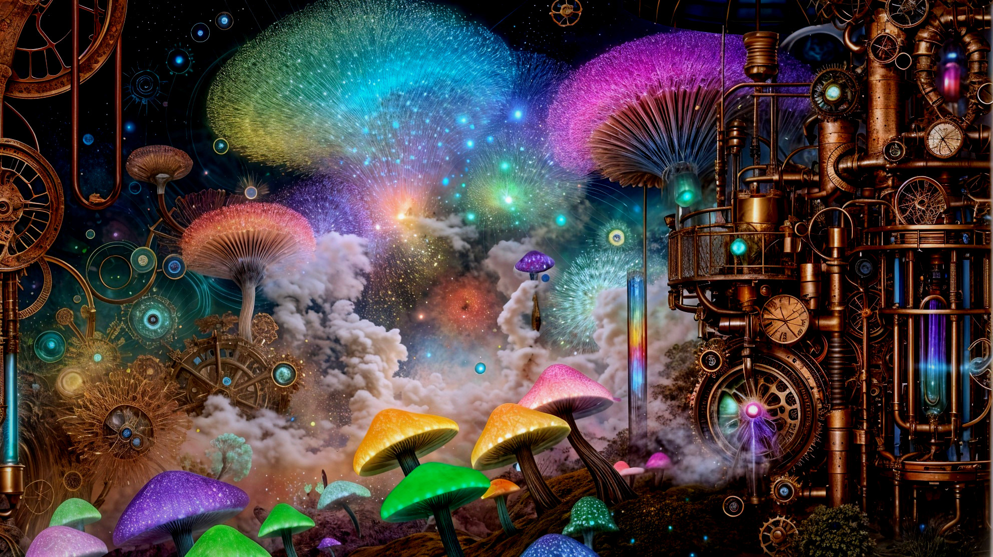 Surreal landscape with neon mushrooms and steampunk elements