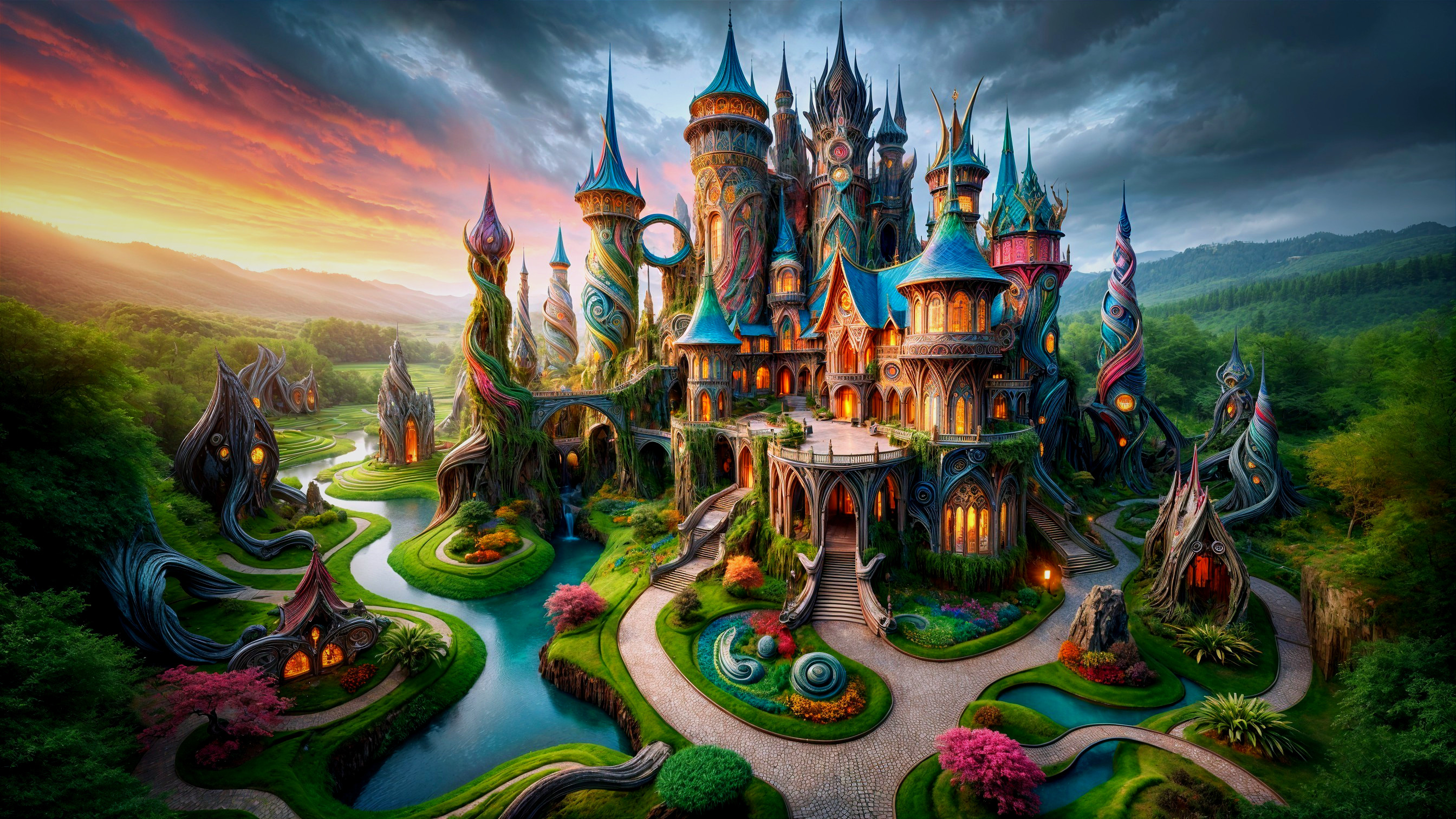 Fantastical castle amidst lush hills and vibrant gardens