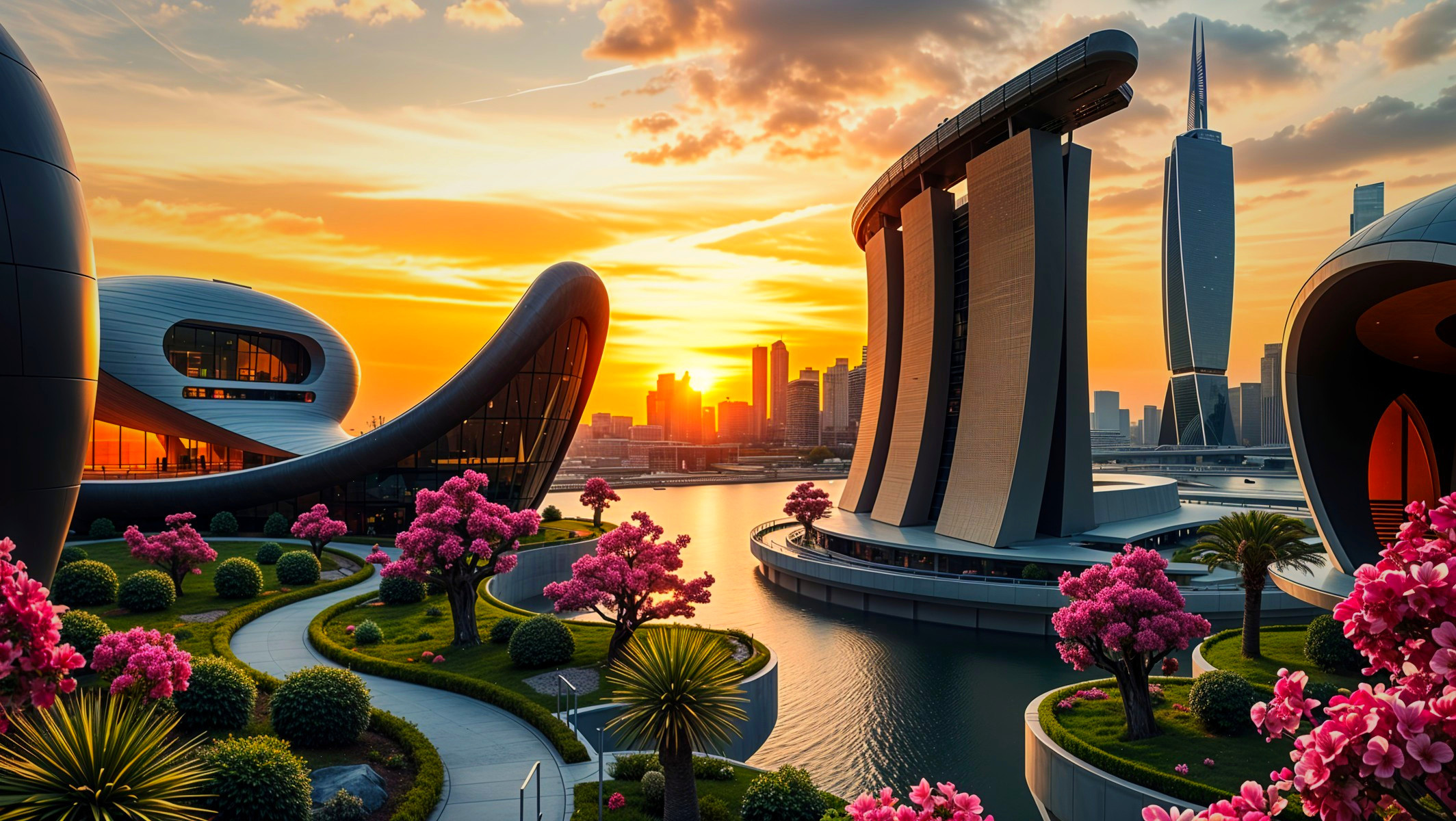 Futuristic Skyline with Sunset and Lush Gardens