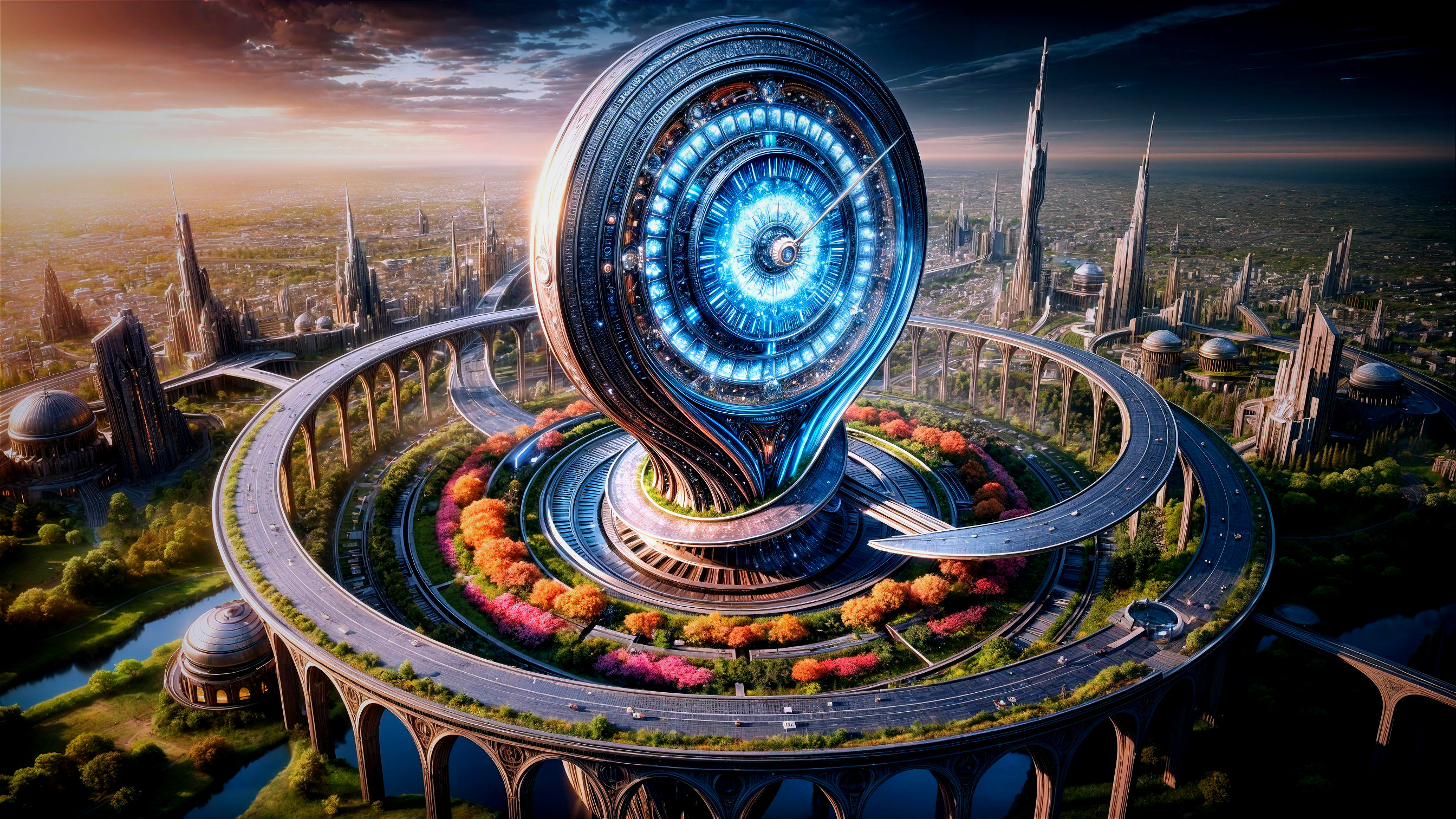 Futuristic cityscape with glowing circular structure