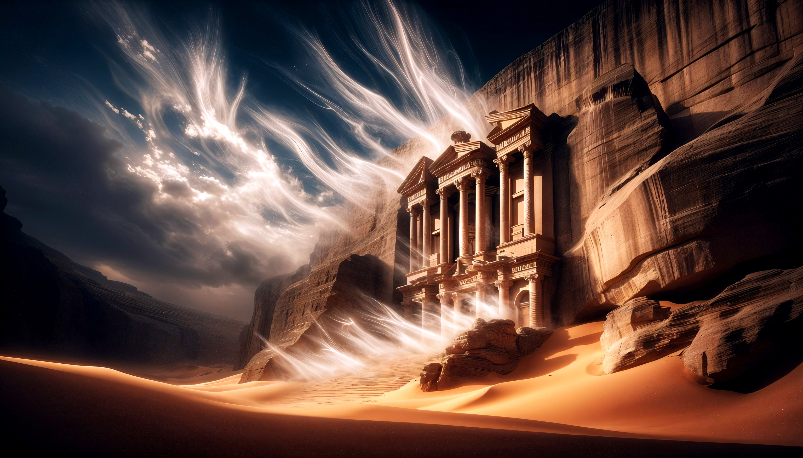 Ancient temple carved in sandstone cliffs with clouds