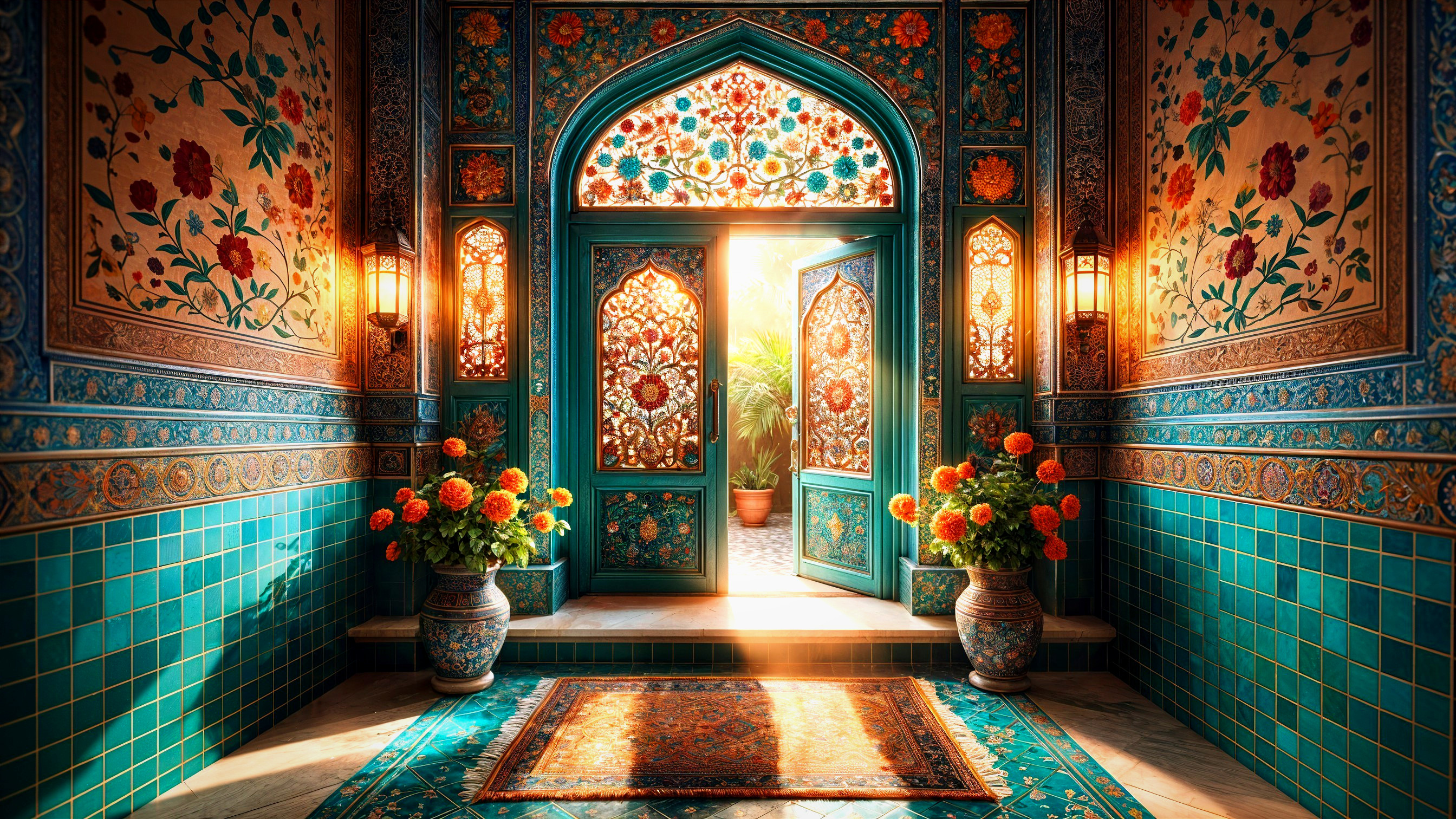 Ornate turquoise doors with stained glass and greenery