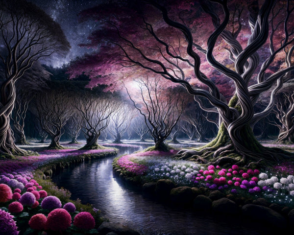 Mystical forest with gnarled trees and serene stream