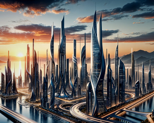 Futuristic cityscape at sunset with vibrant skyscrapers