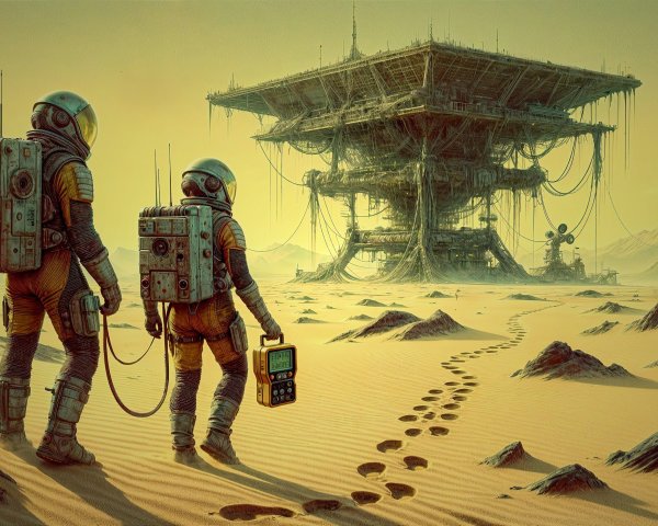 Astronauts in Futuristic Suits Explore Abandoned Structure