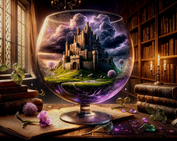 Miniature Castle Landscape in Glass Bowl Display