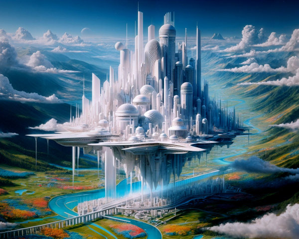 Futuristic city above lush landscape with skyscrapers