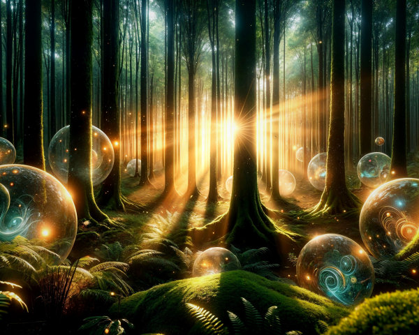 Mystical Forest with Golden Sunlight and Ethereal Bubbles