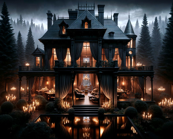 Dark Mansion Surrounded by Trees and Candlelight